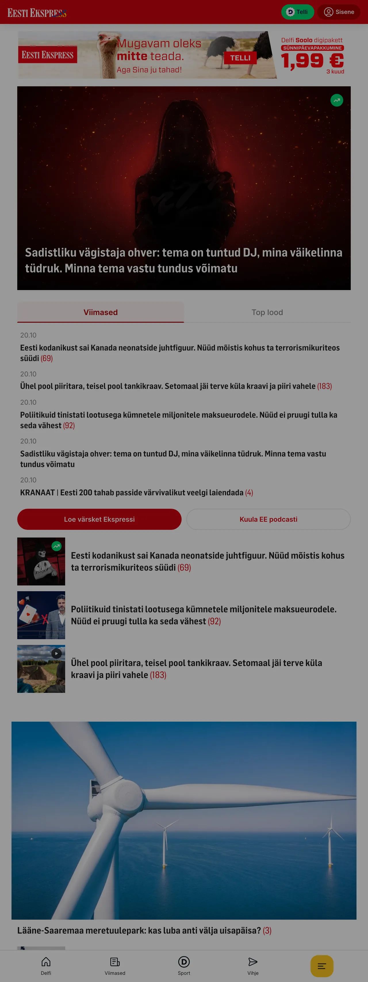 Screenshot of the Eesti Ekspress front page