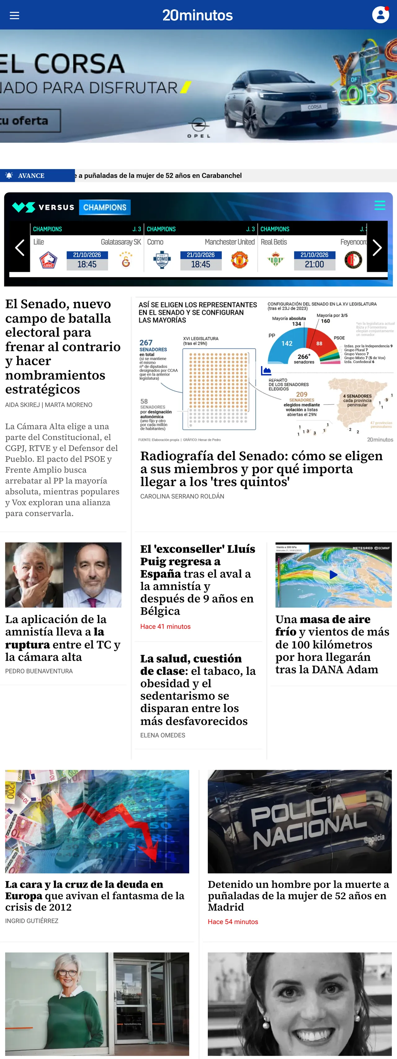 Screenshot of the 20minutos front page