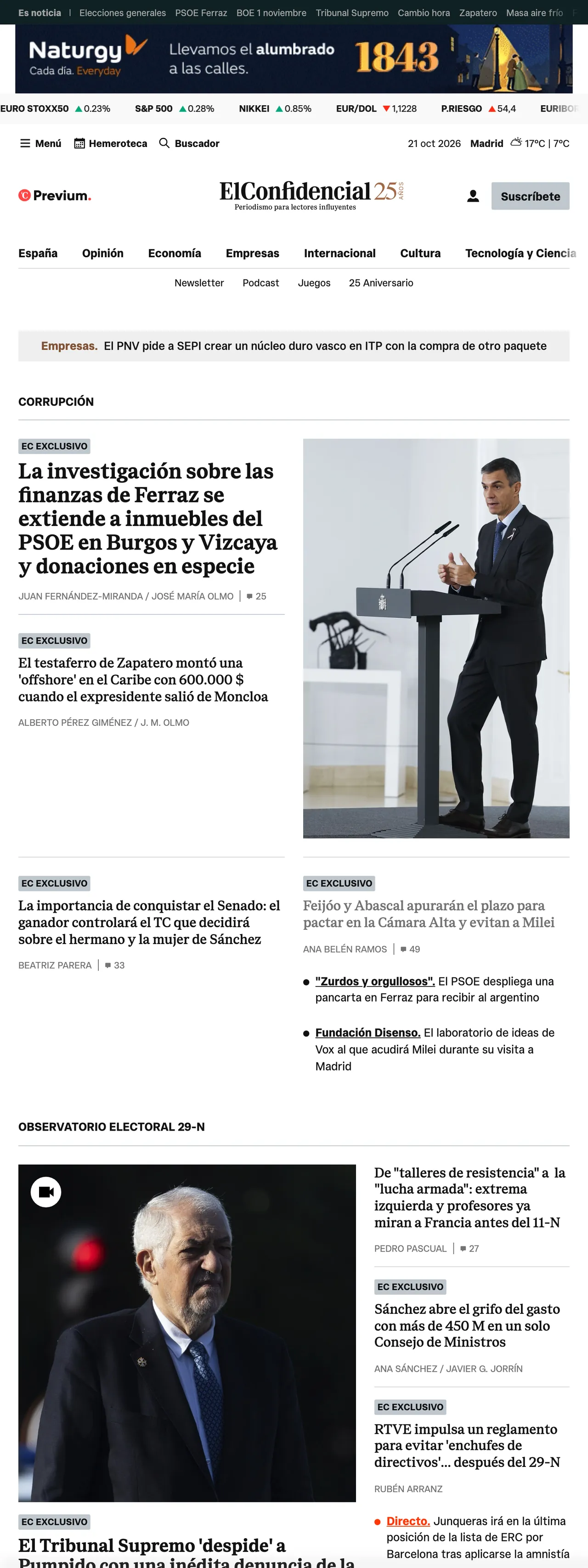 Screenshot of the El Confidencial front page