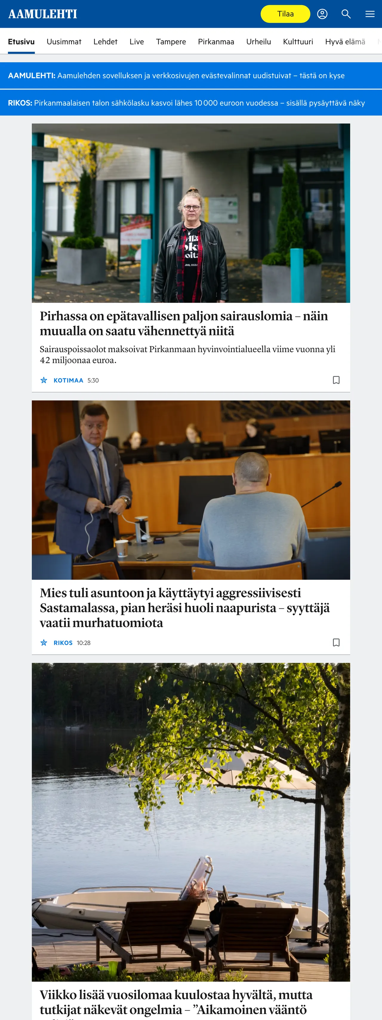 Screenshot of the Aamulehti front page