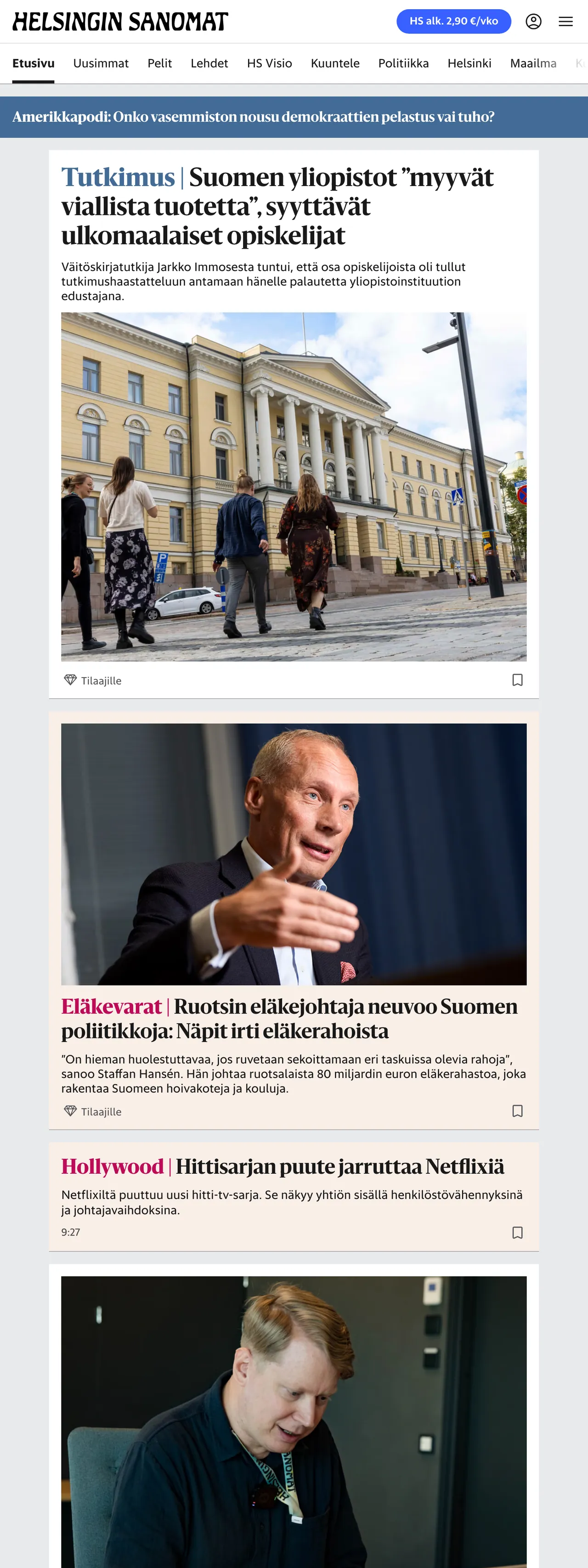 Screenshot of the Helsingin Sanomat front page