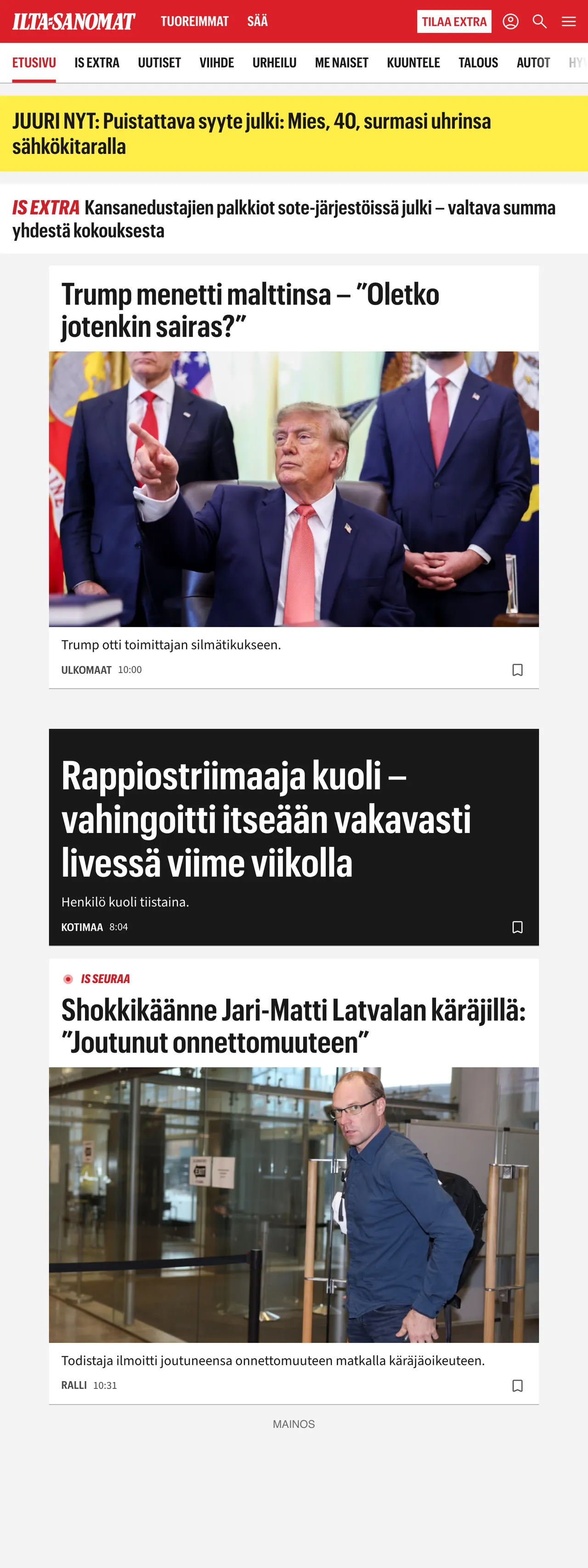 Screenshot of the Ilta-Sanomat front page