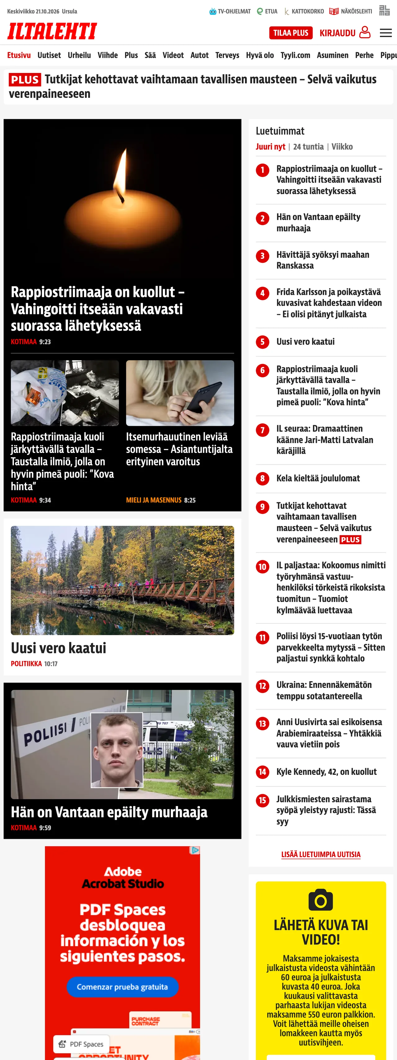 Screenshot of the Iltalehti front page