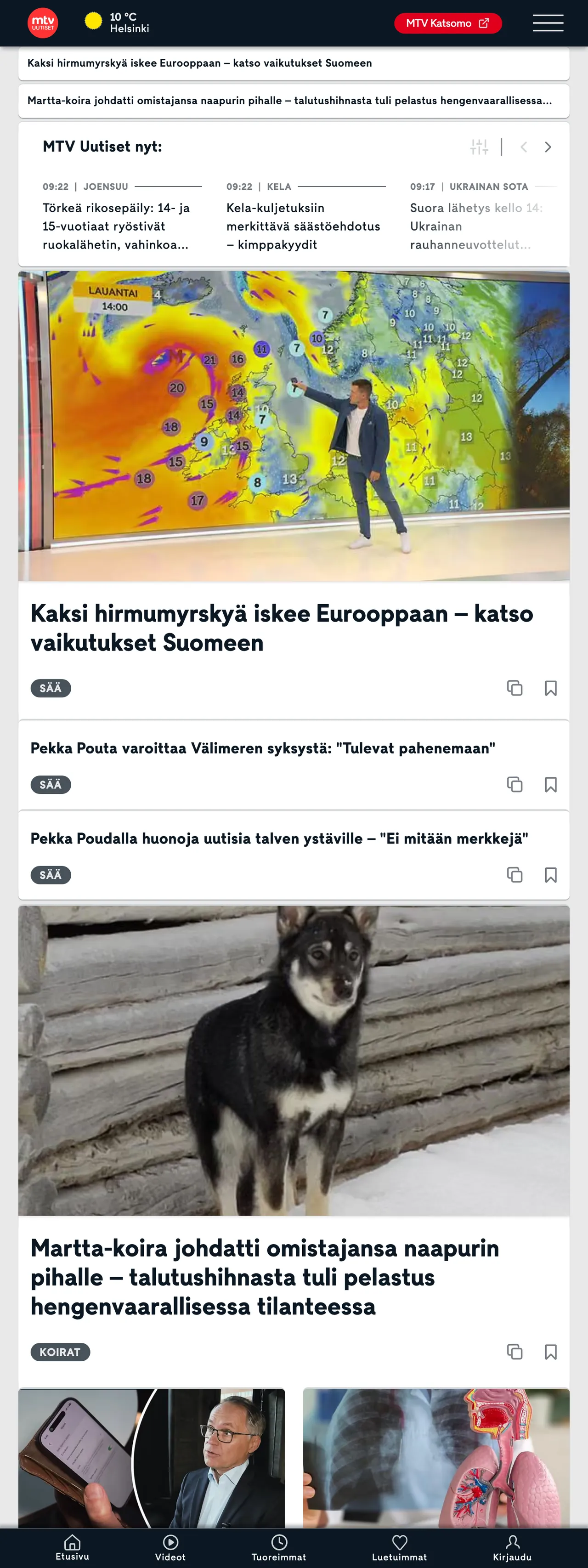Screenshot of the MTV Uutiset front page