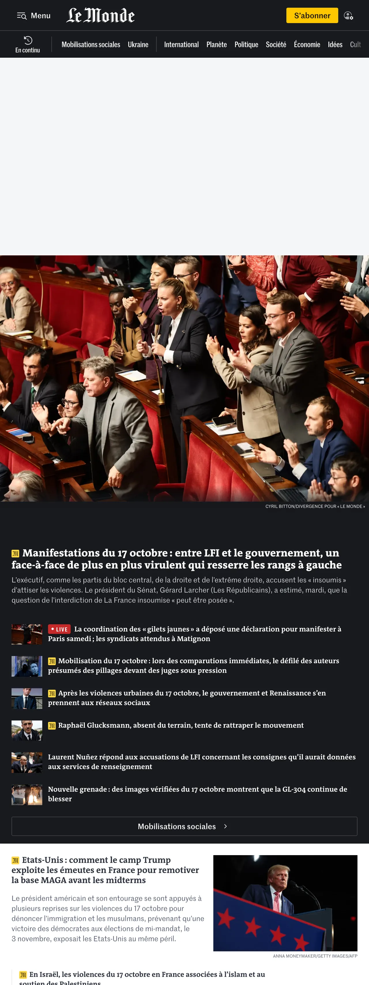 Screenshot of the Le Monde front page