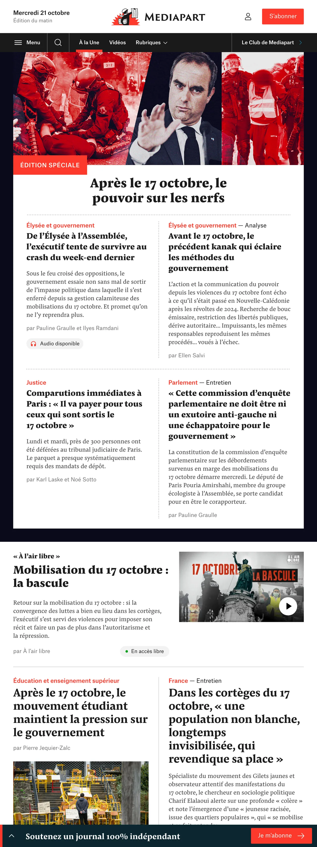 Screenshot of the Mediapart front page
