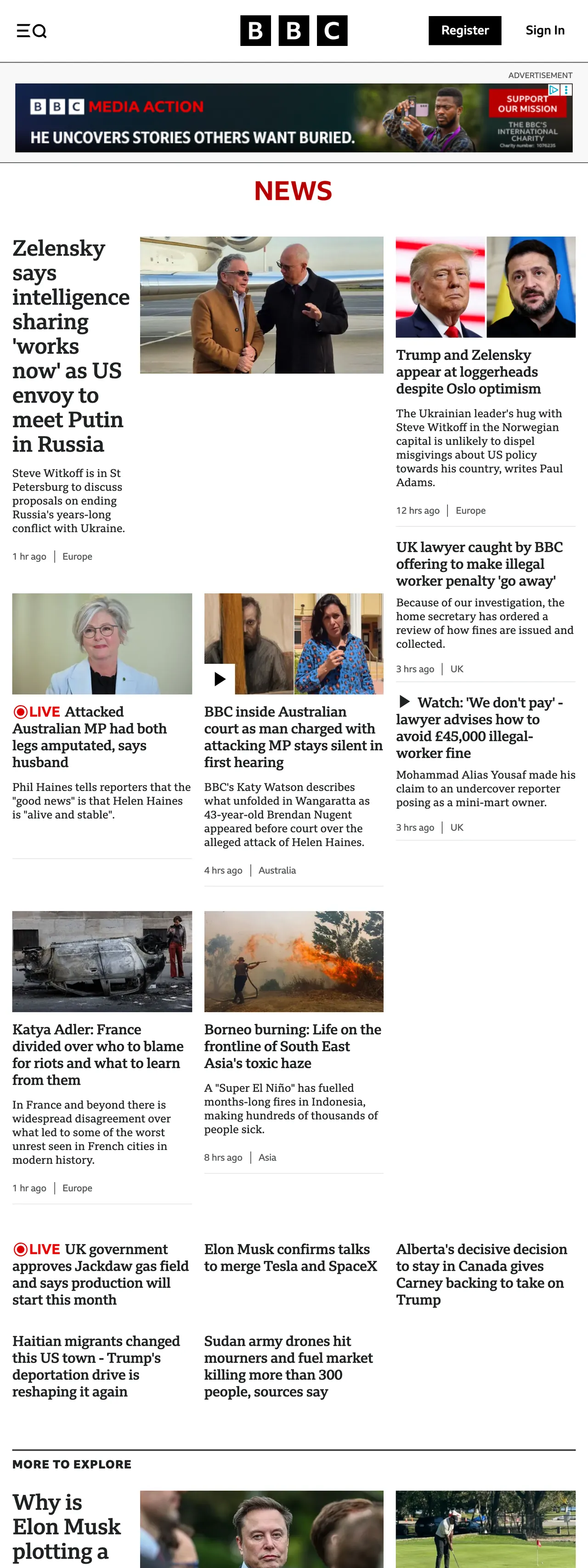 Screenshot of the BBC News front page