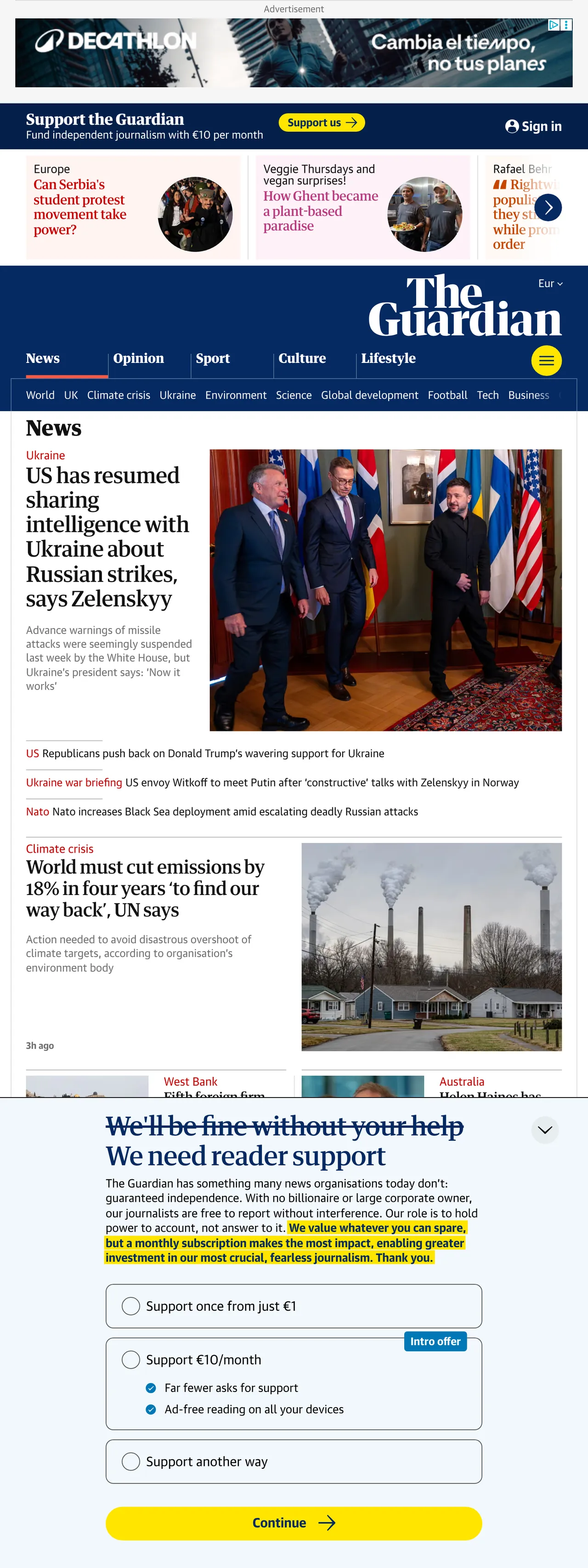 Screenshot of the The Guardian front page