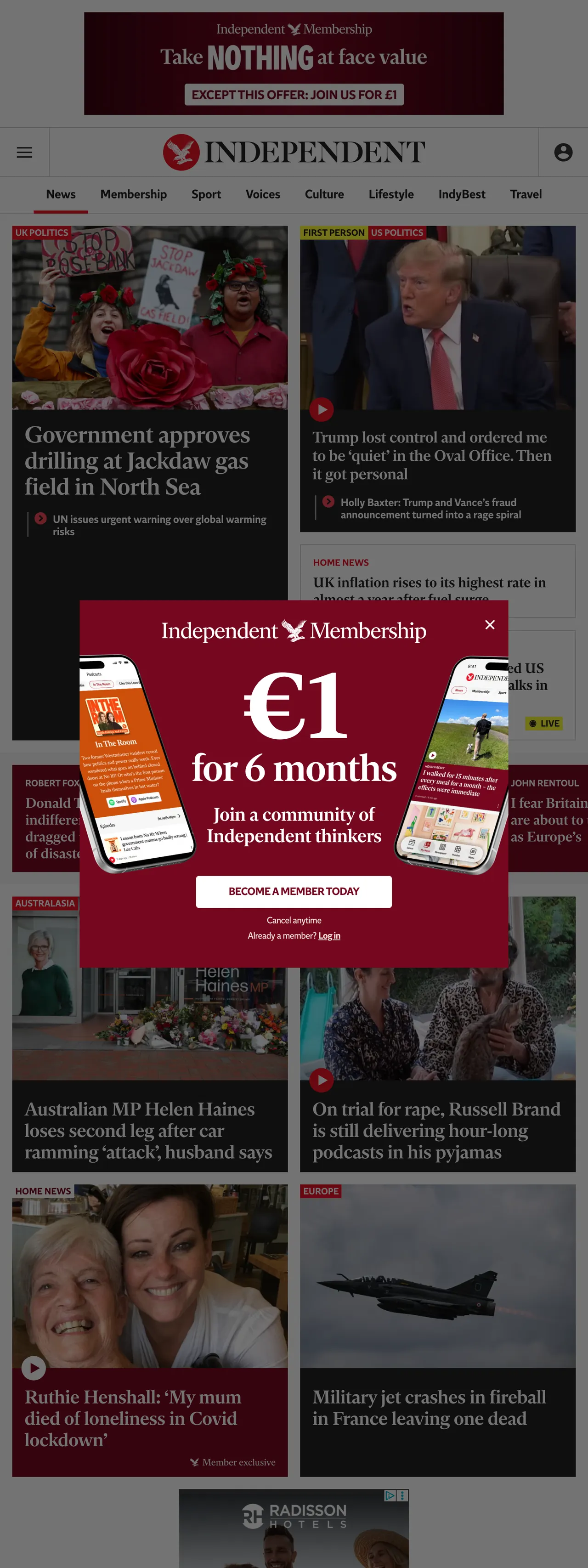 Screenshot of the The Independent front page