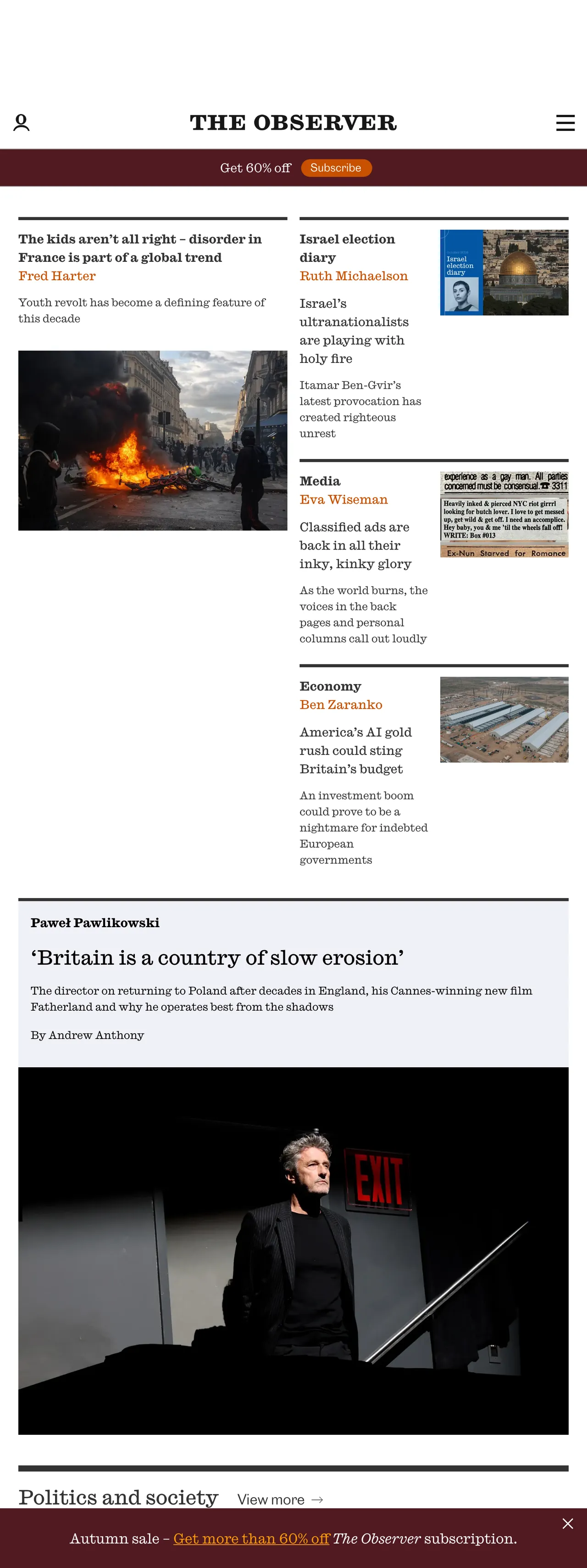 Screenshot of the The Observer front page