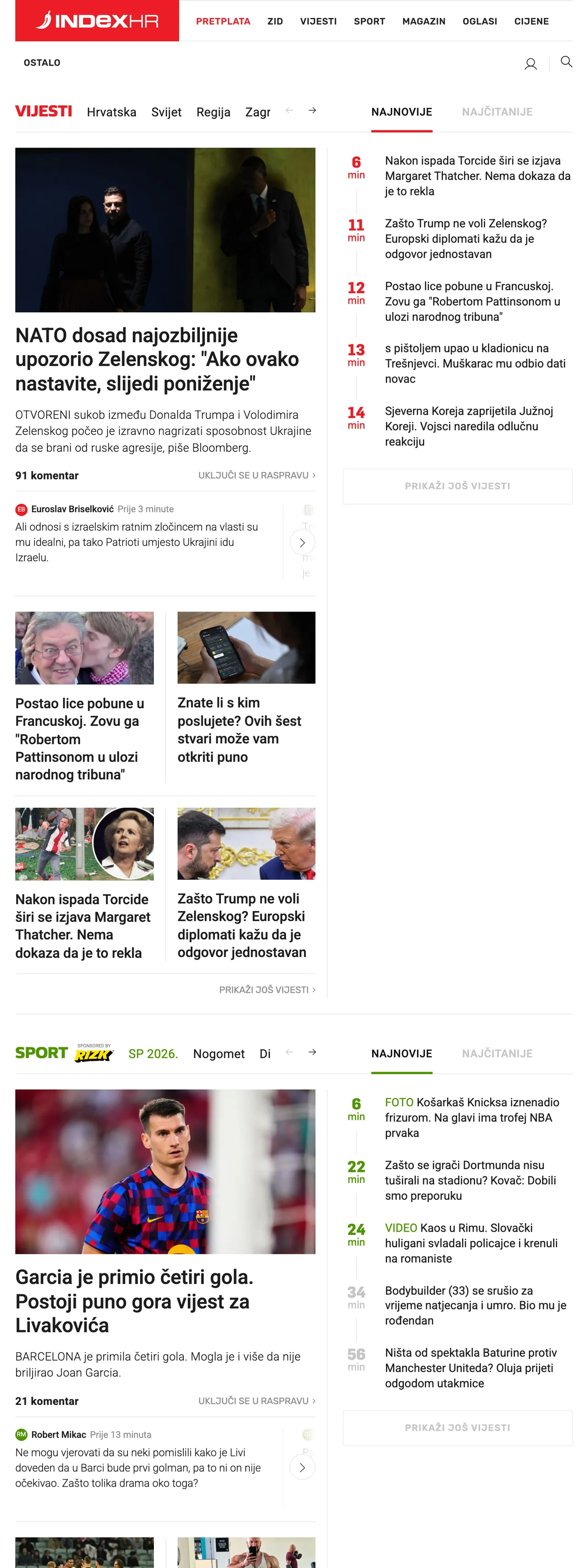 Screenshot of the Index.hr front page