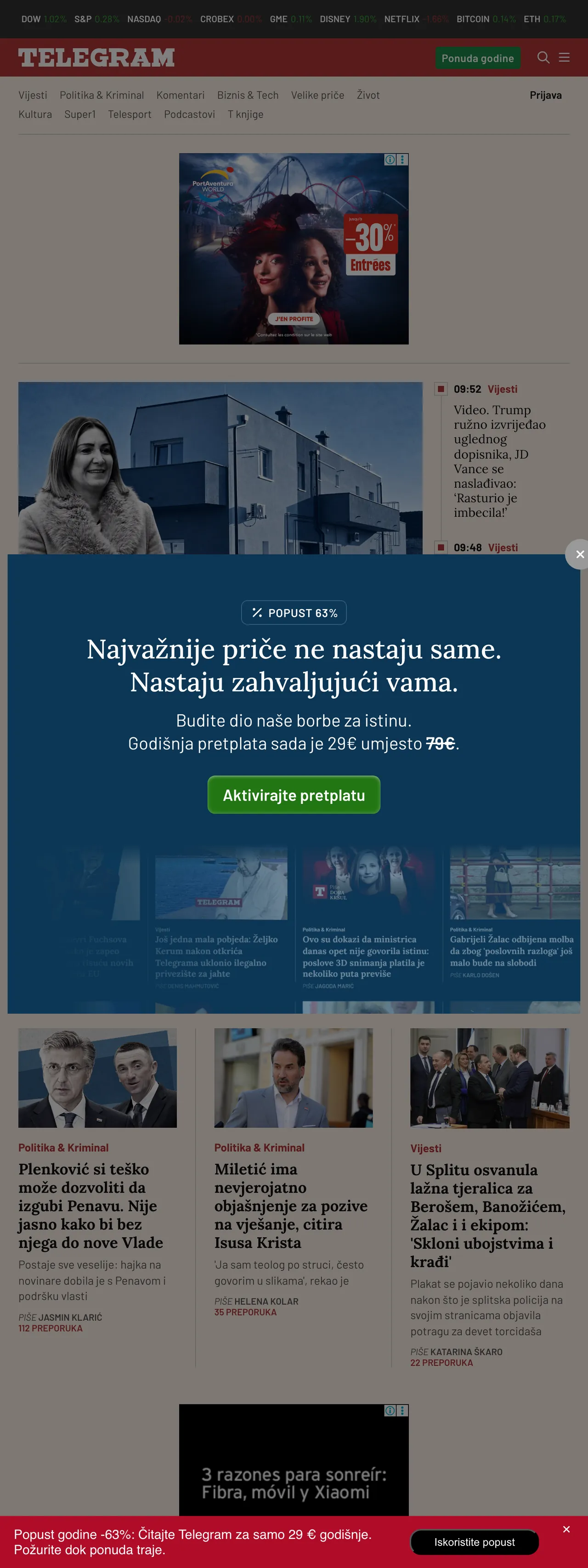 Screenshot of the Telegram.hr front page