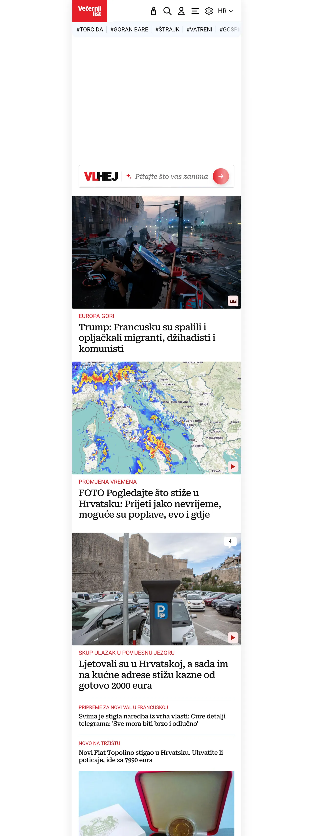 Screenshot of the Večernji list front page