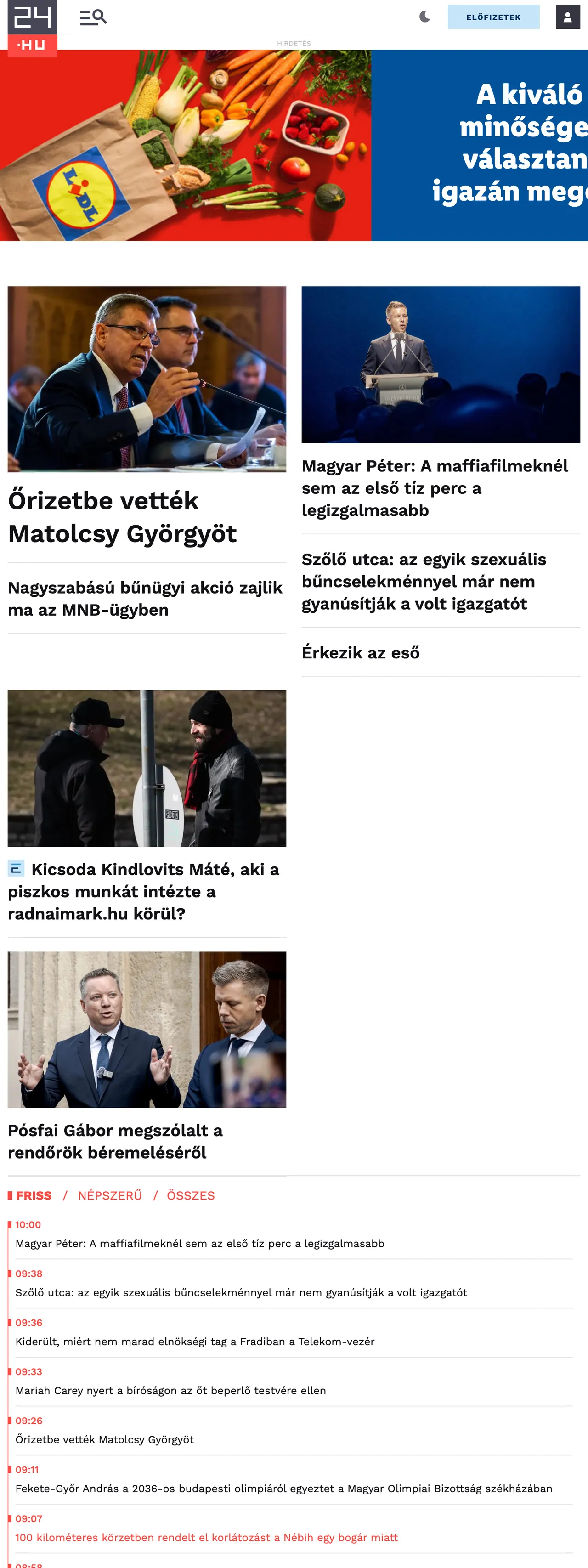 Screenshot of the 24.hu front page
