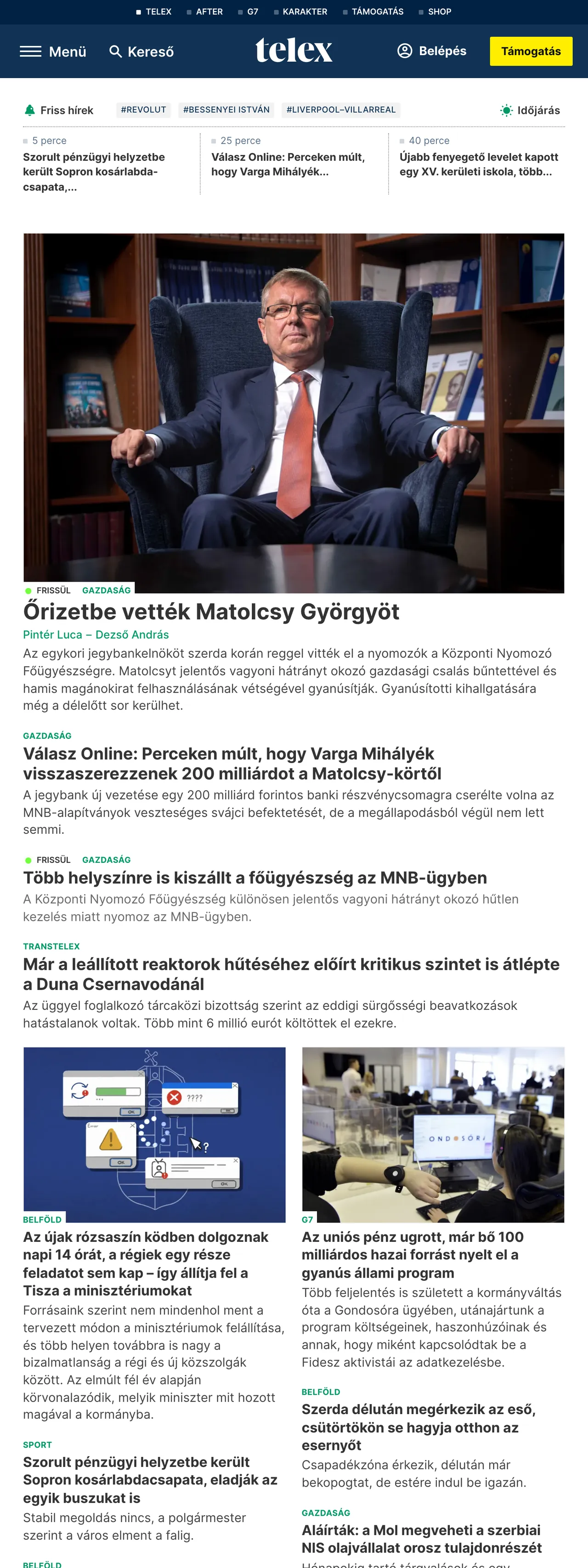 Screenshot of the Telex front page