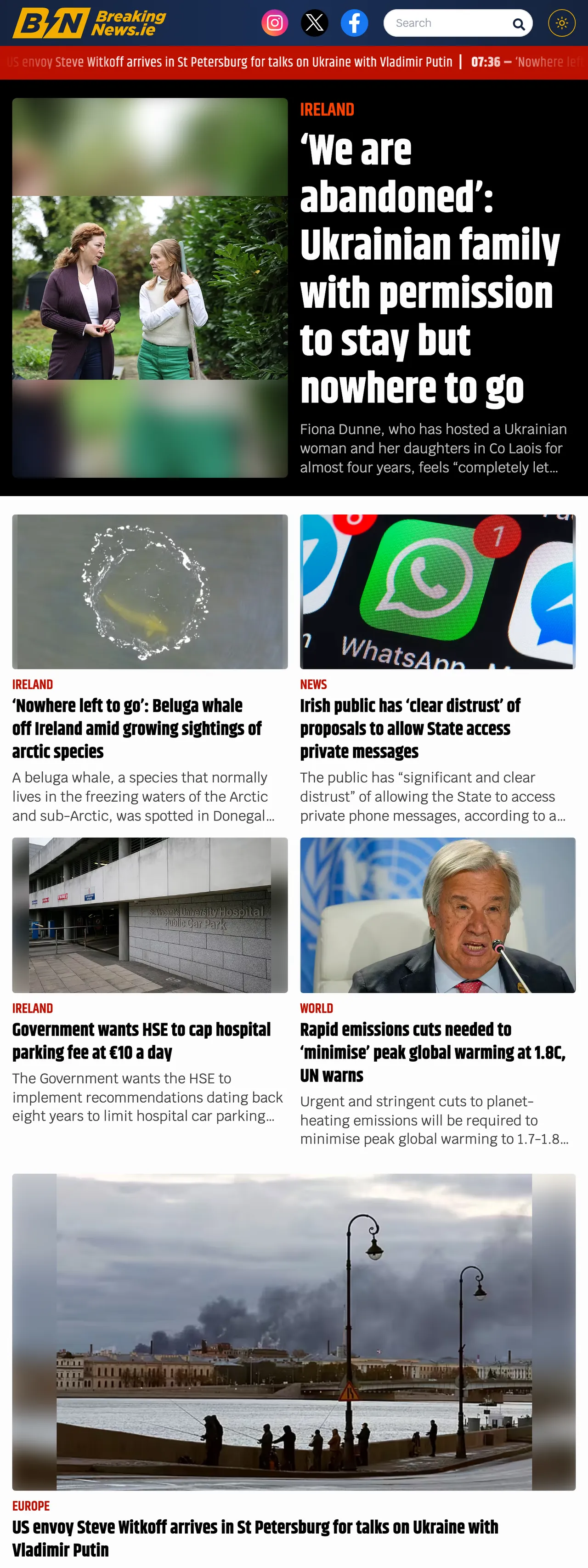 Screenshot of the BreakingNews.ie front page