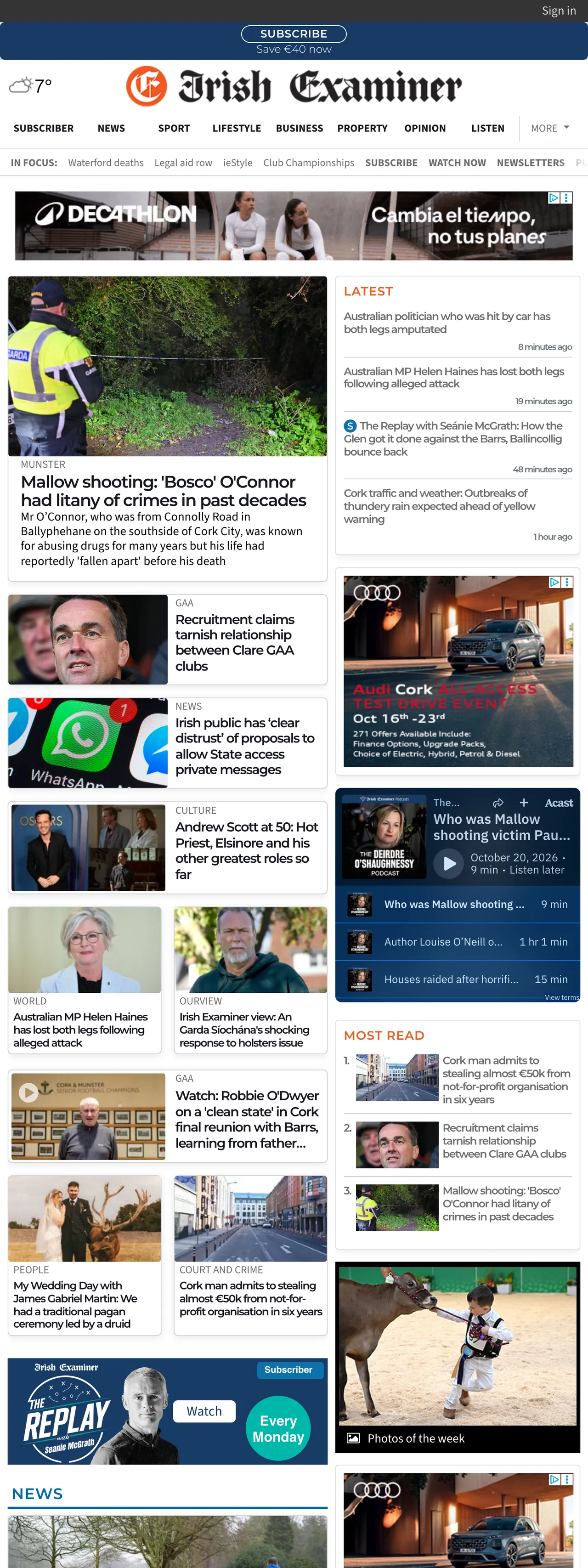 Screenshot of the Irish Examiner front page