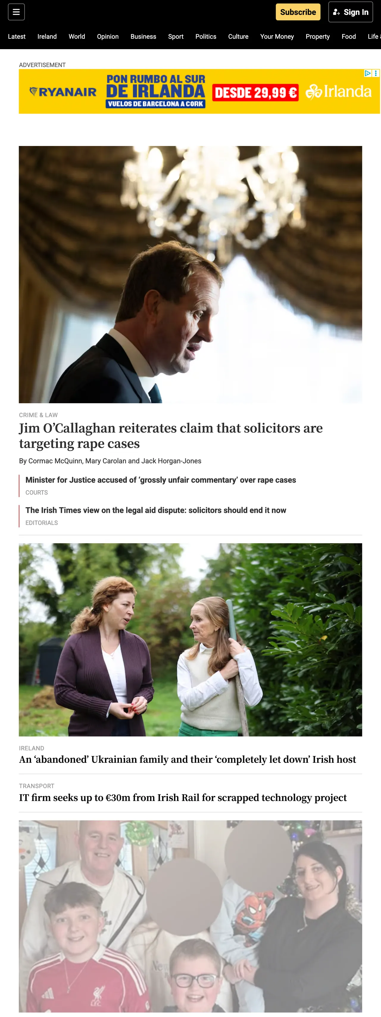 Screenshot of the The Irish Times front page