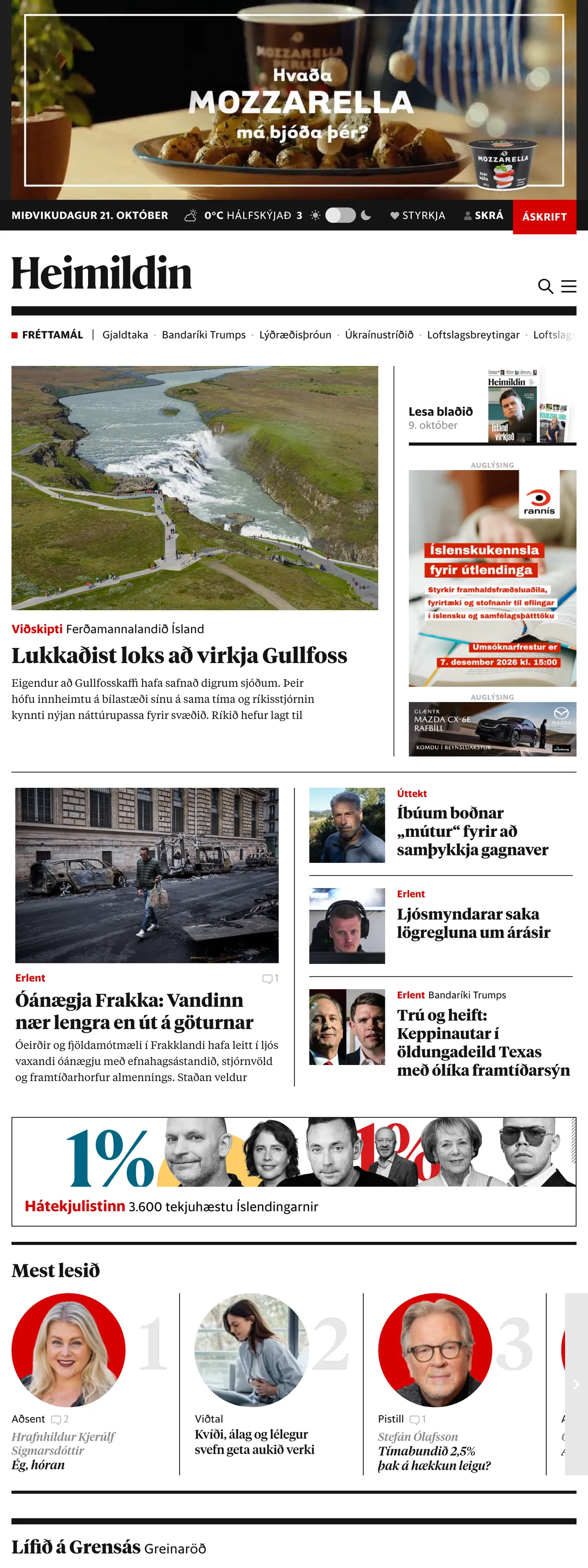 Screenshot of the Heimildin front page