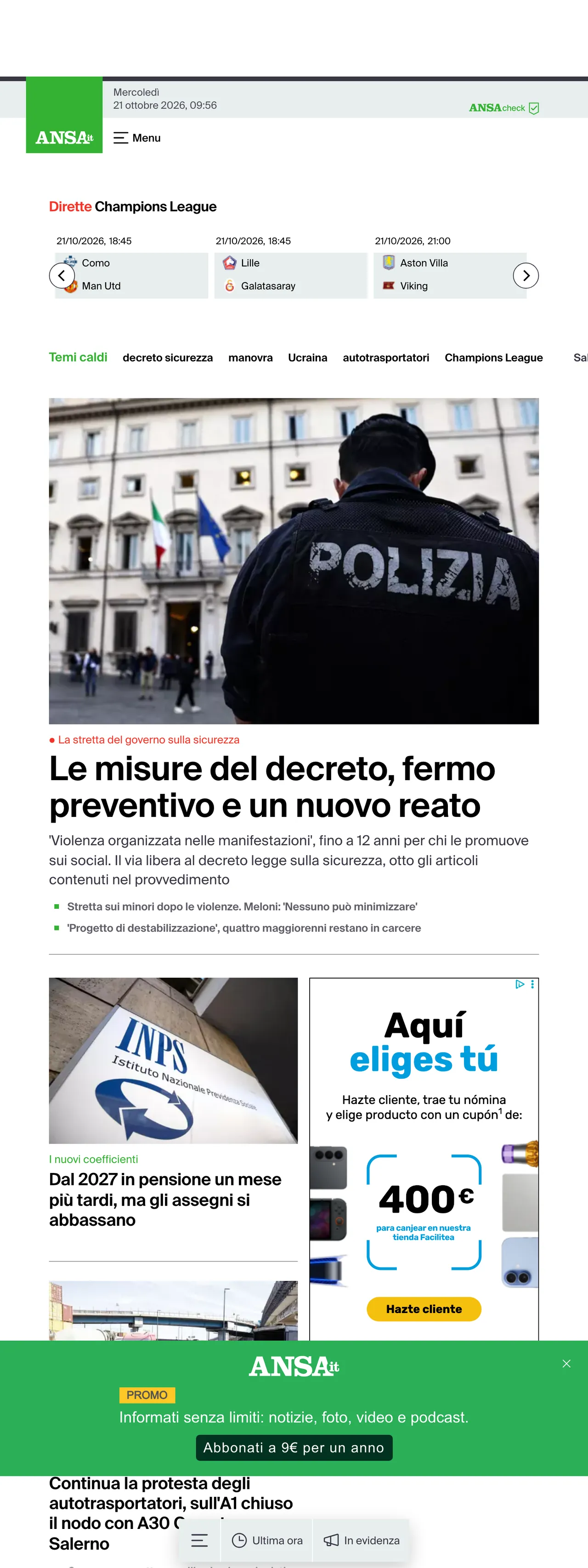 Screenshot of the ANSA front page
