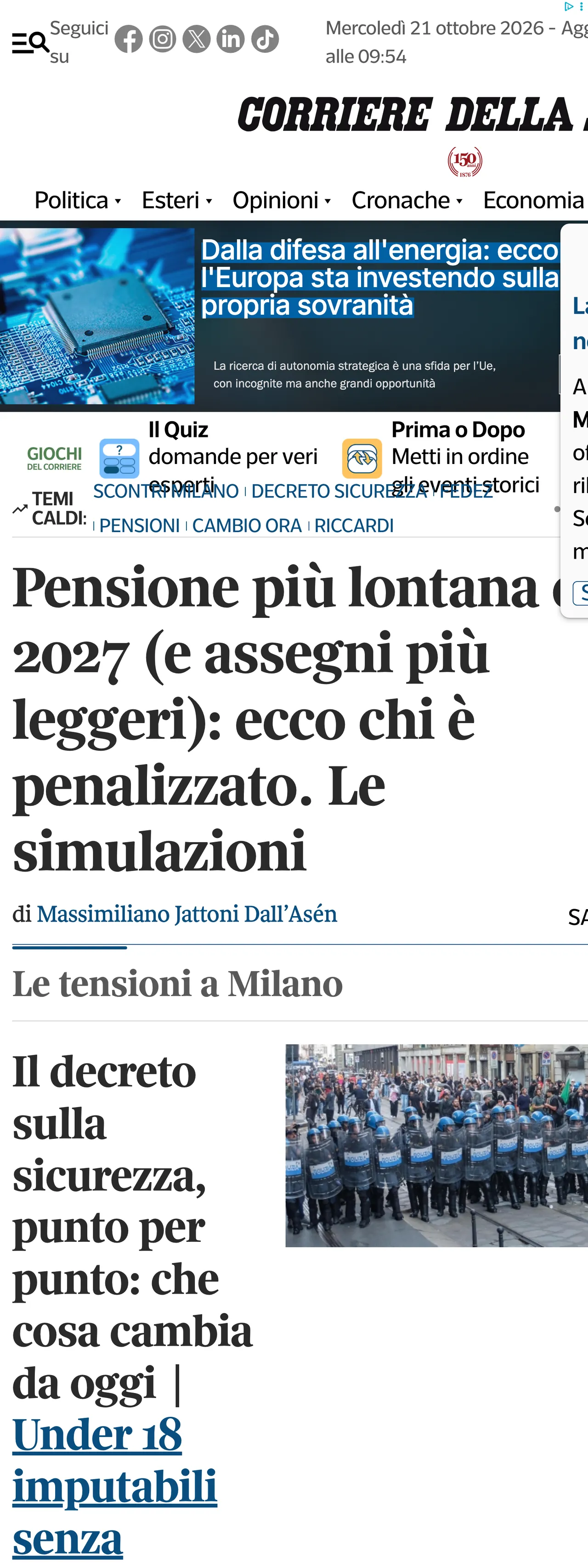 Screenshot of the Corriere della Sera front page