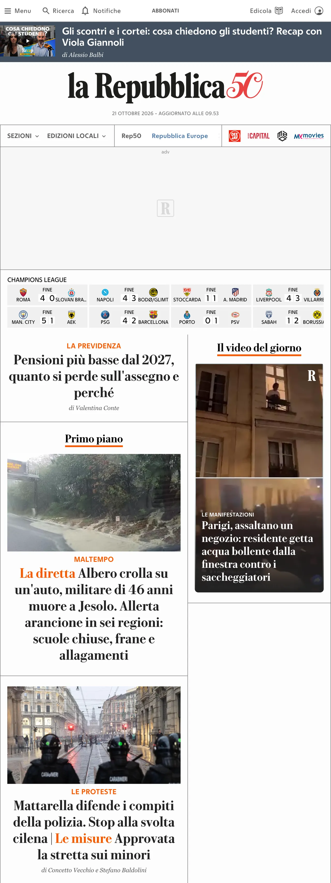 Screenshot of the la Repubblica front page
