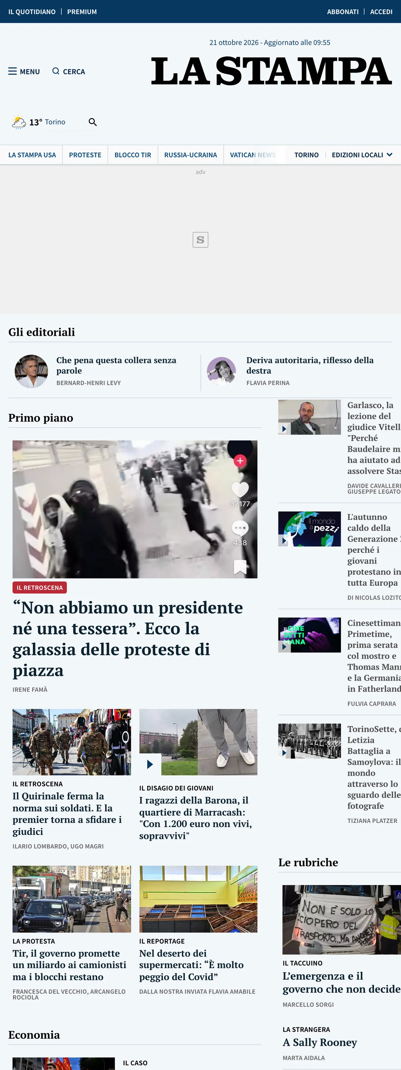 Screenshot of the La Stampa front page