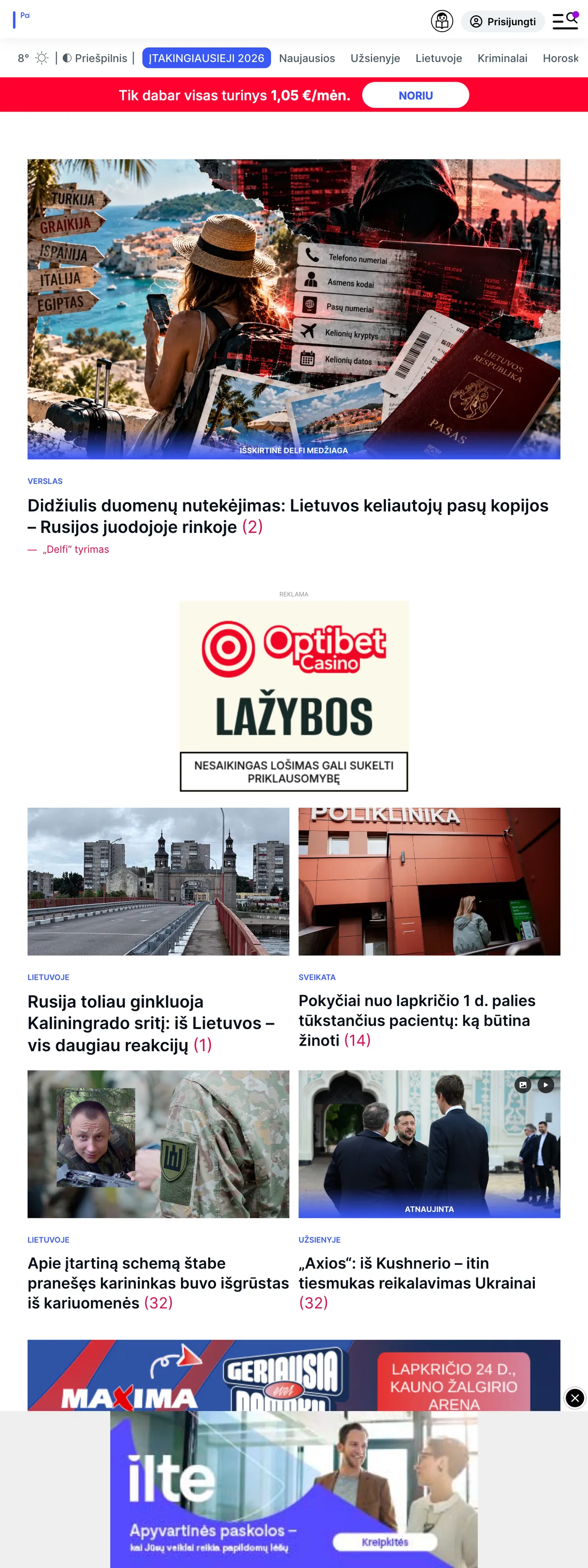 Screenshot of the Delfi front page