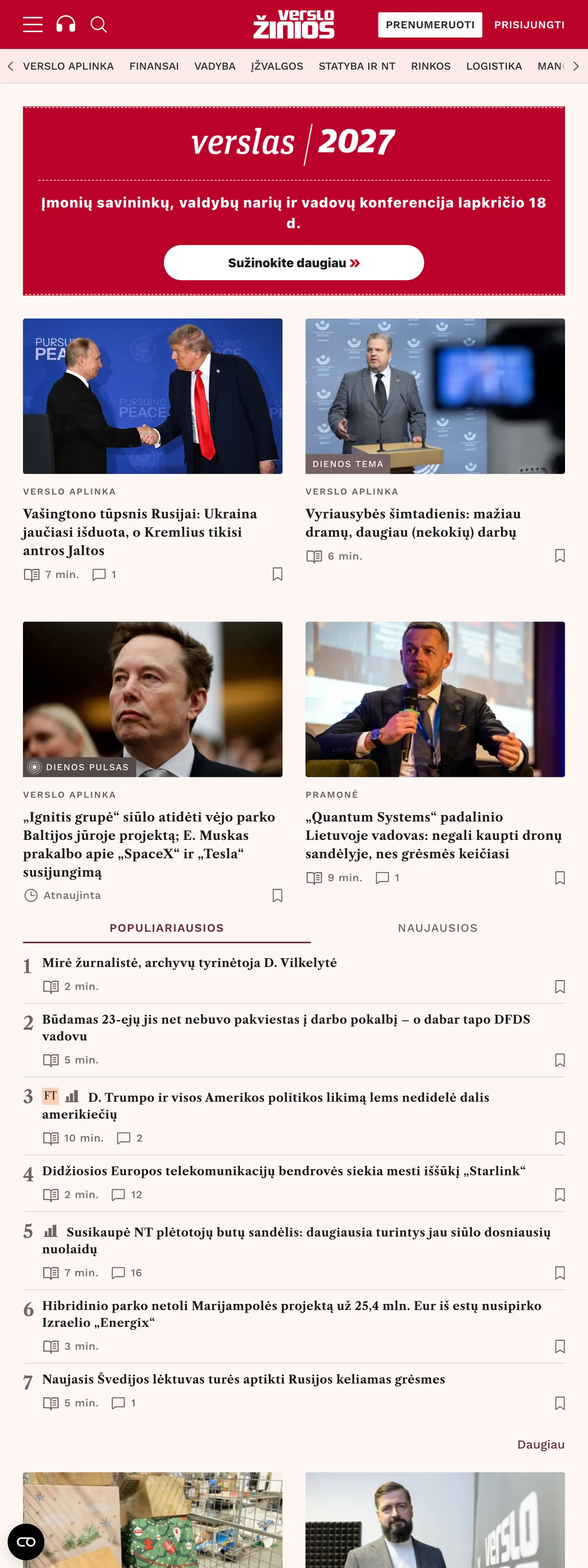 Screenshot of the Verslo žinios front page