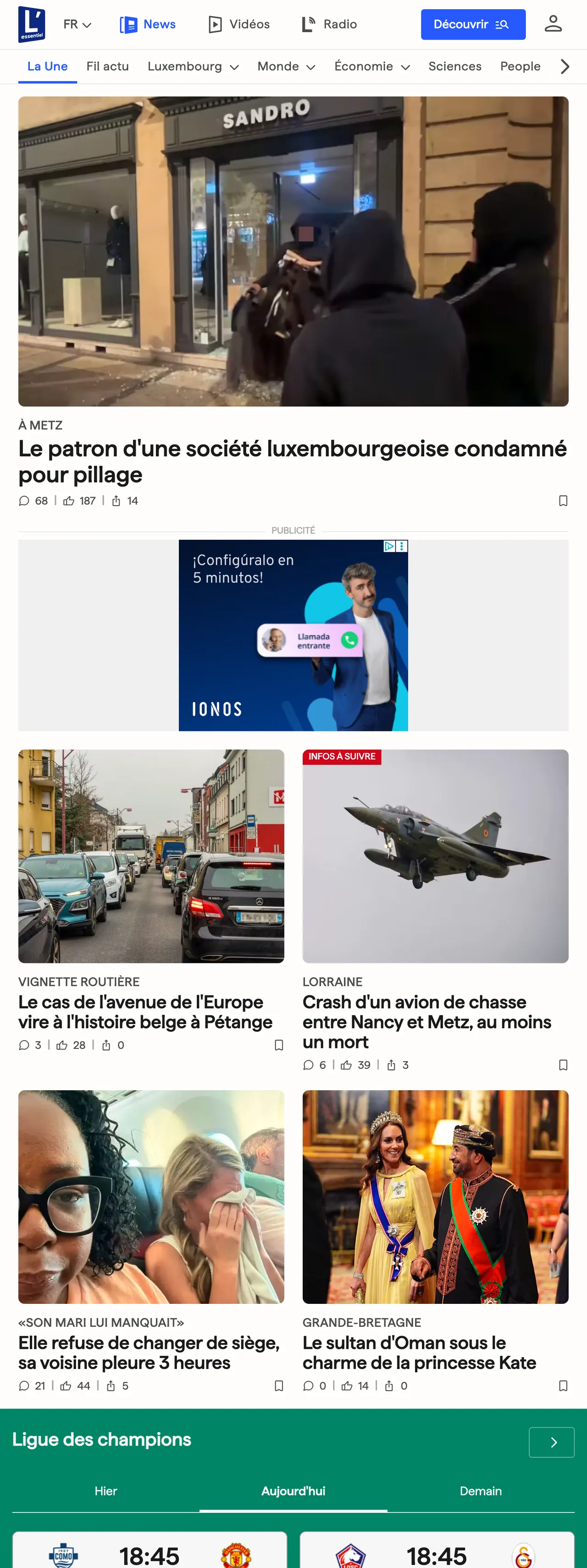 Screenshot of the L'essentiel front page