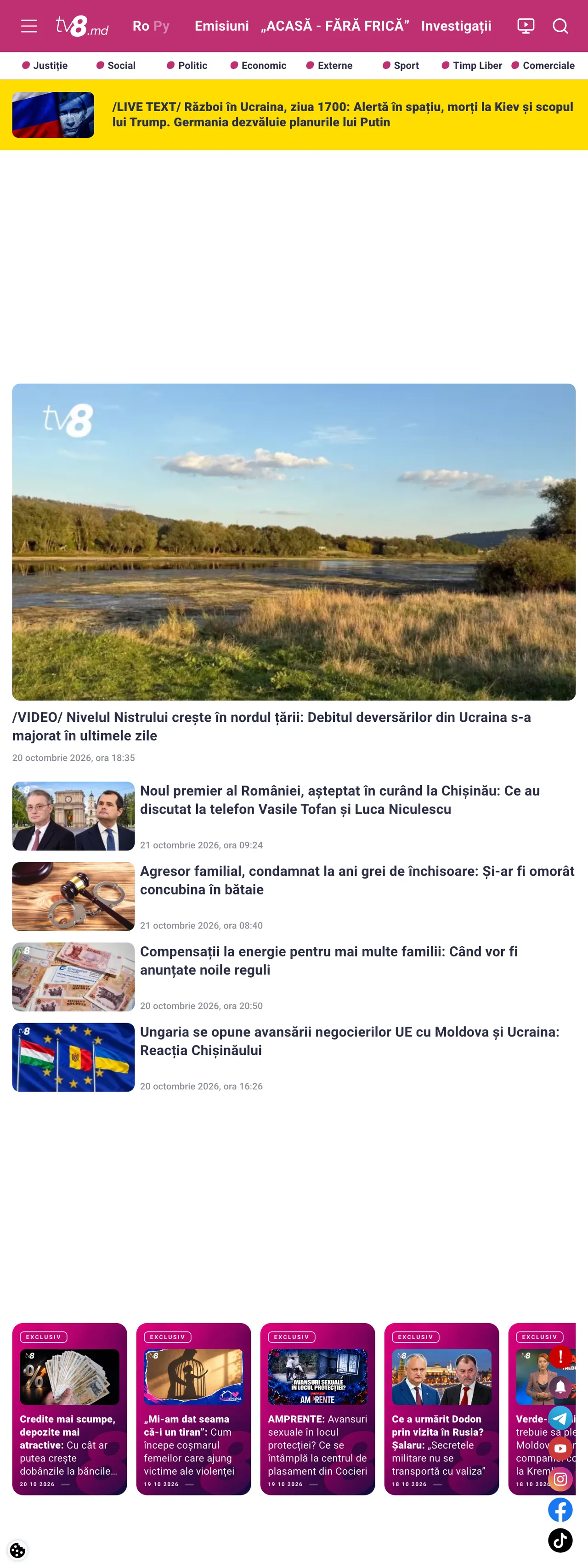 Screenshot of the TV8 front page