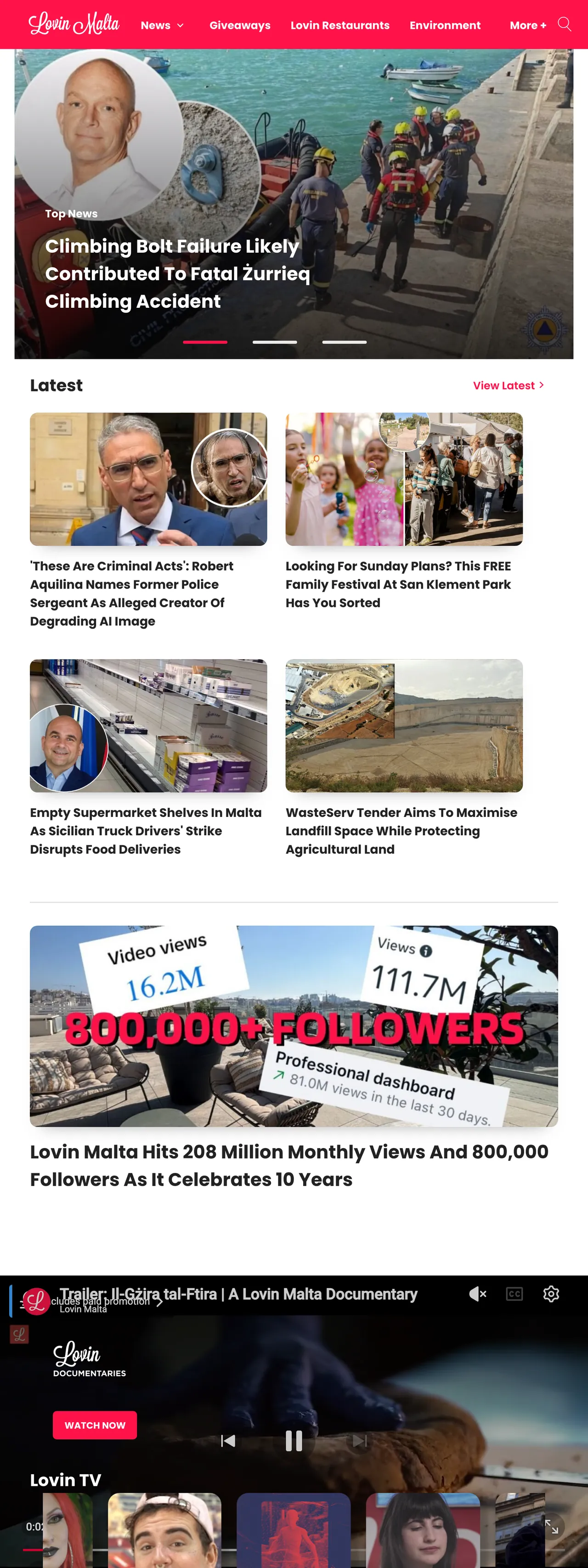 Screenshot of the Lovin Malta front page