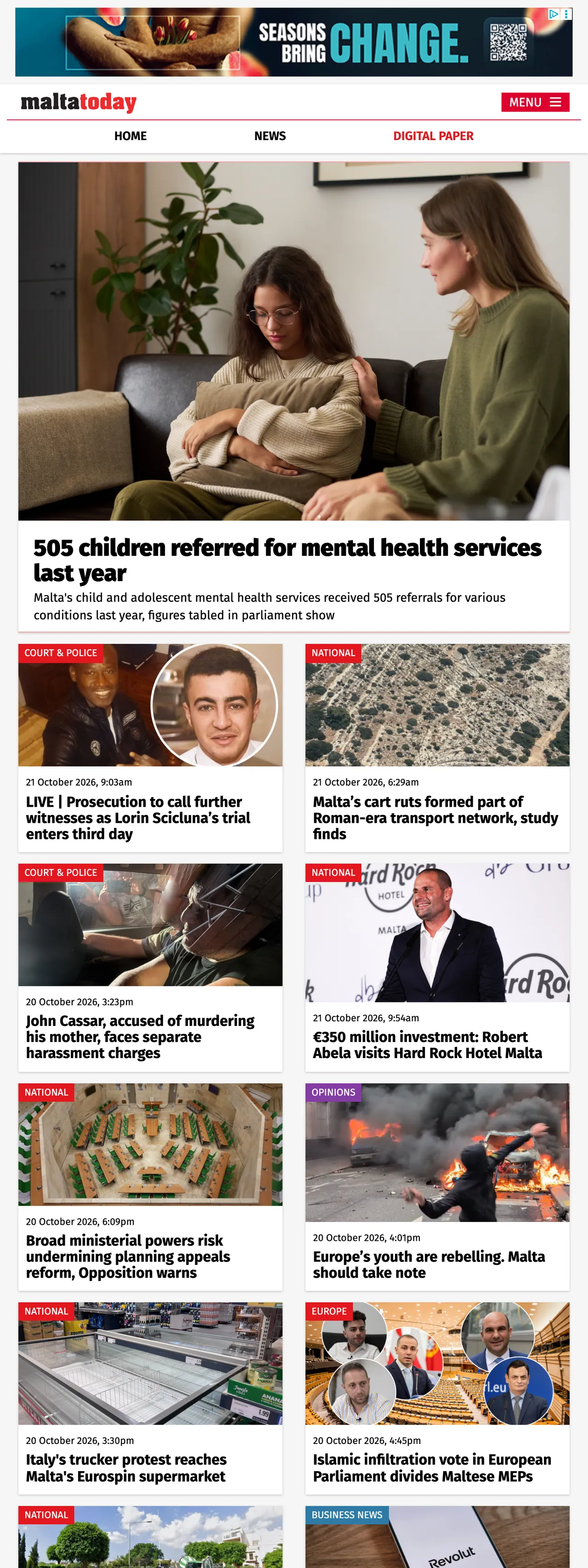 Screenshot of the Malta Today front page