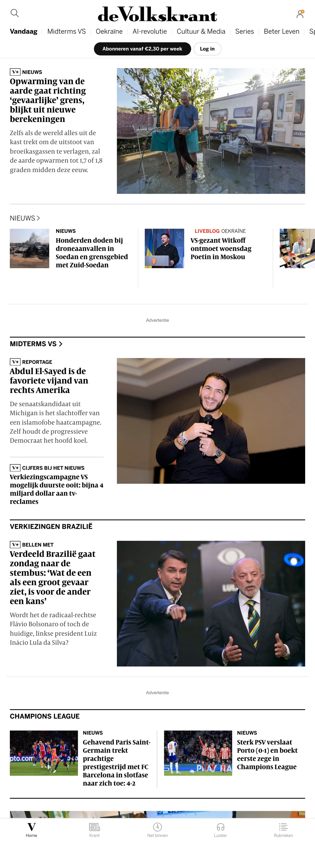 Screenshot of the de Volkskrant front page