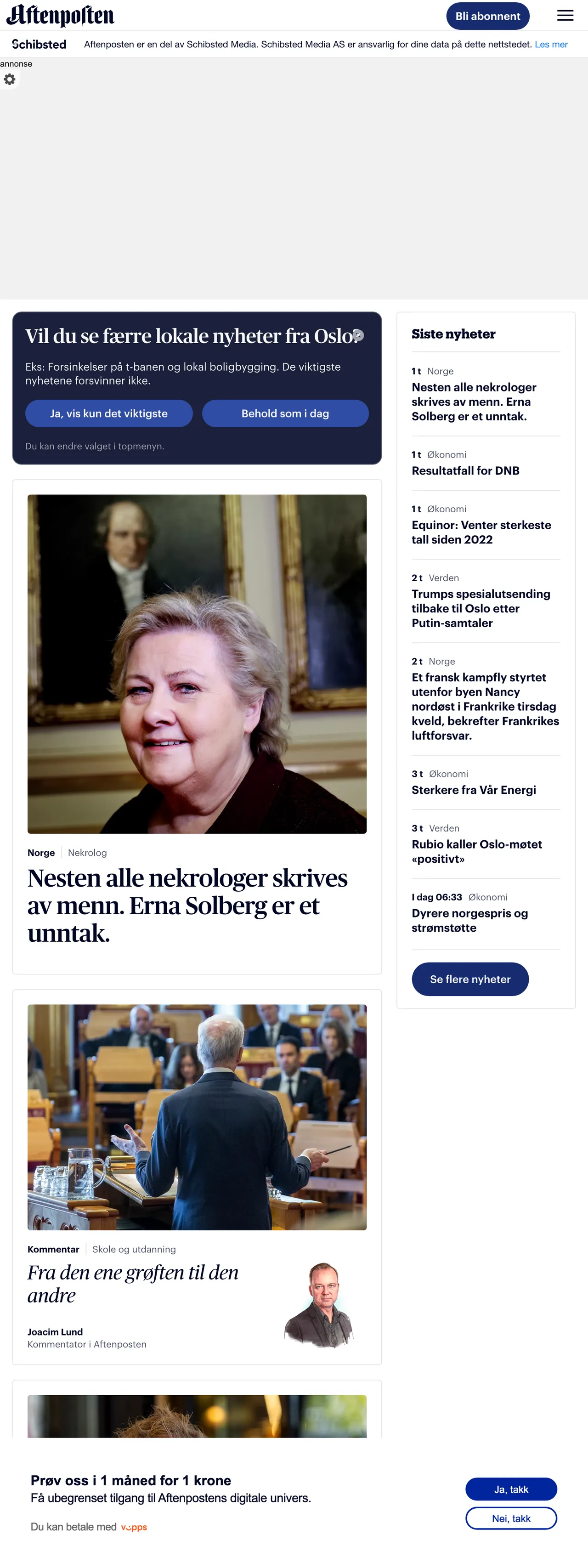 Screenshot of the Aftenposten front page