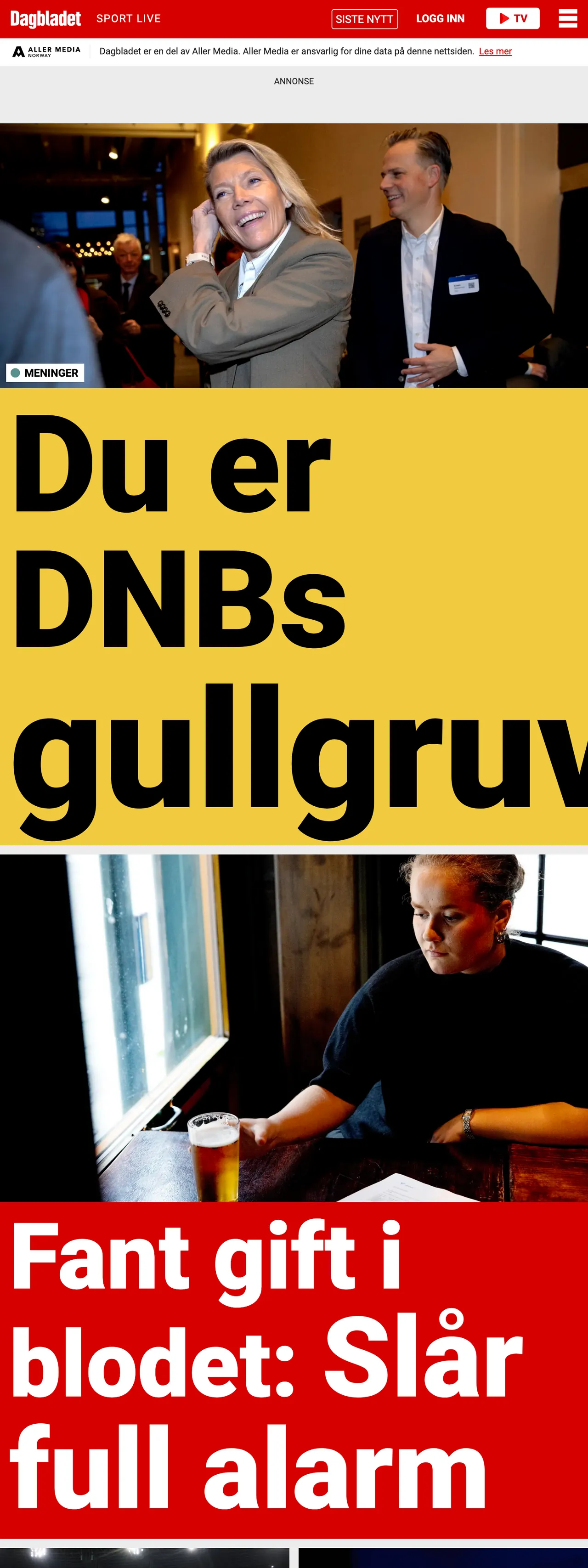 Screenshot of the Dagbladet front page