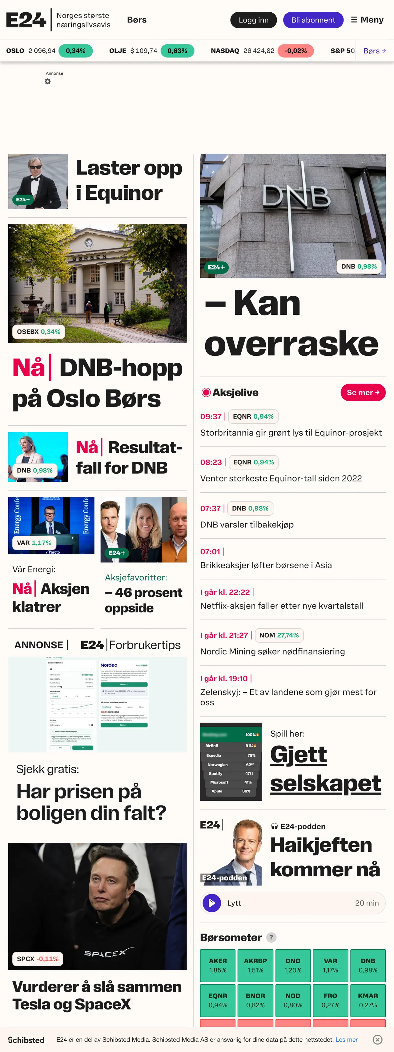 Screenshot of the E24 front page