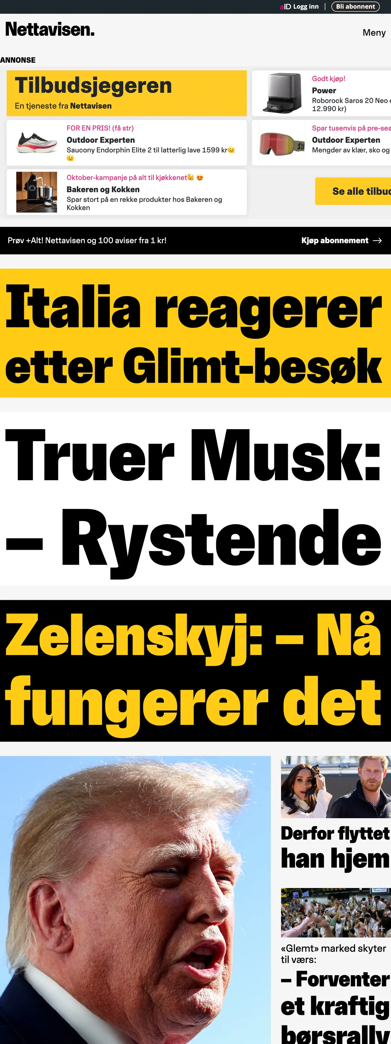 Screenshot of the Nettavisen front page