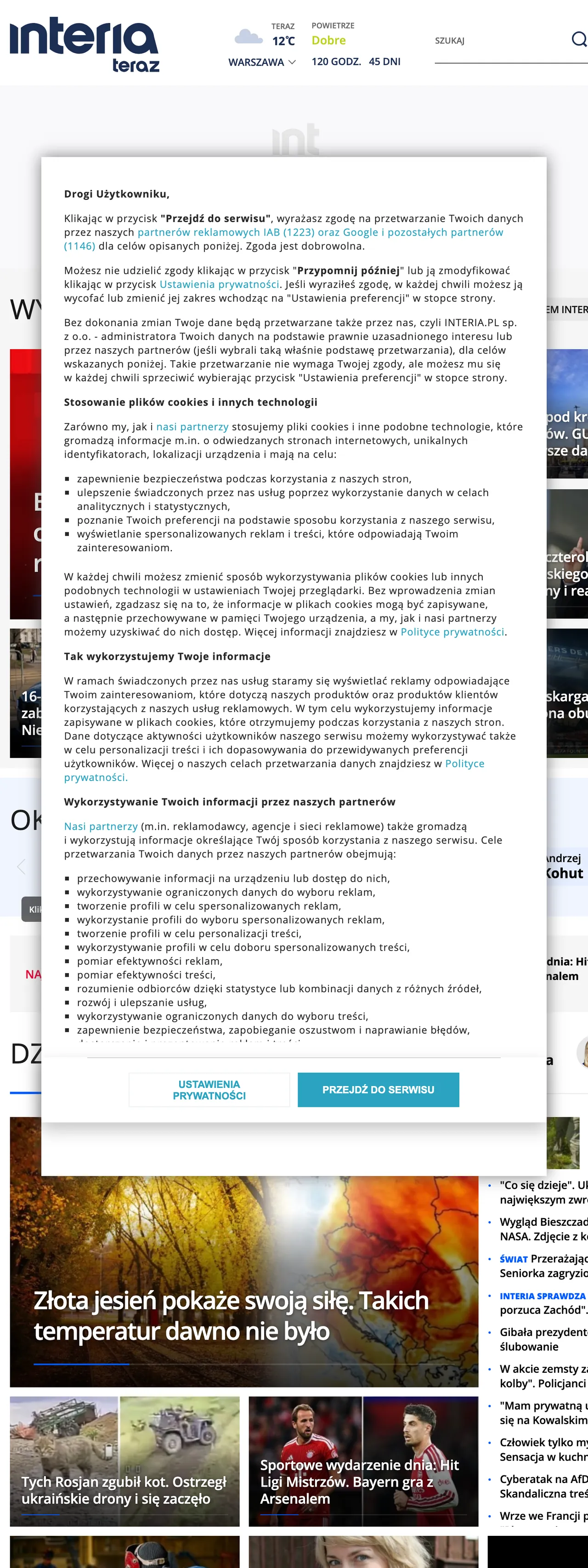 Screenshot of the Interia front page