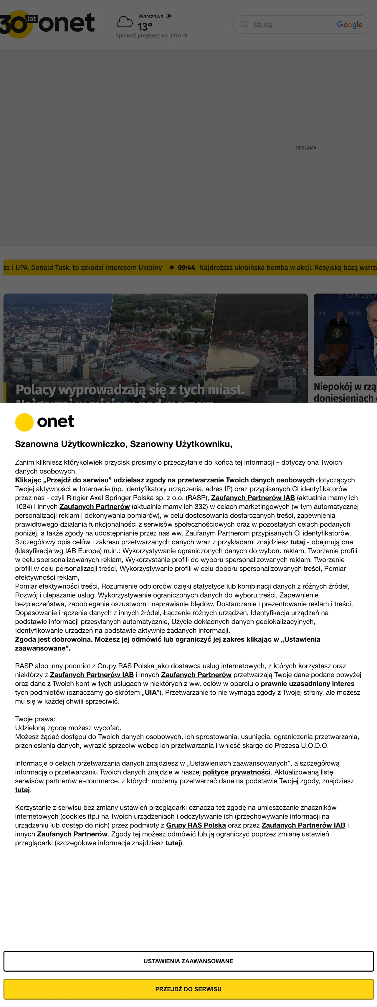 Screenshot of the Onet front page
