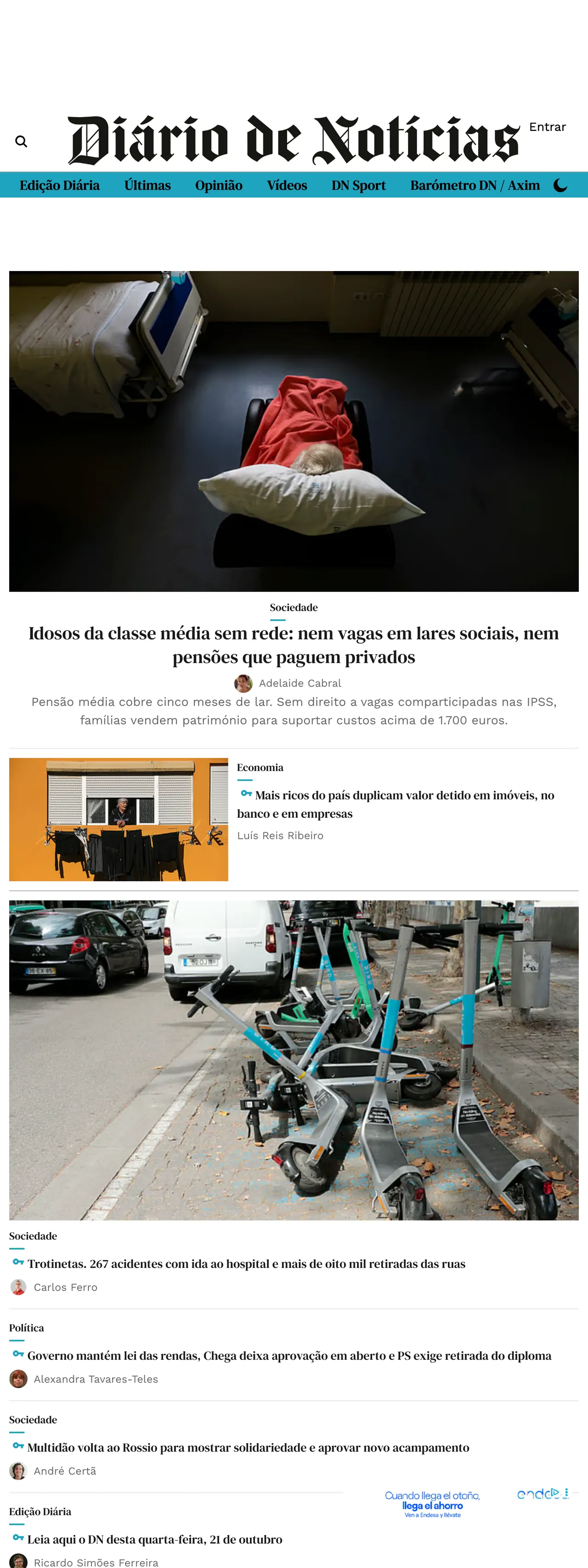 Screenshot of the Diário de Notícias front page