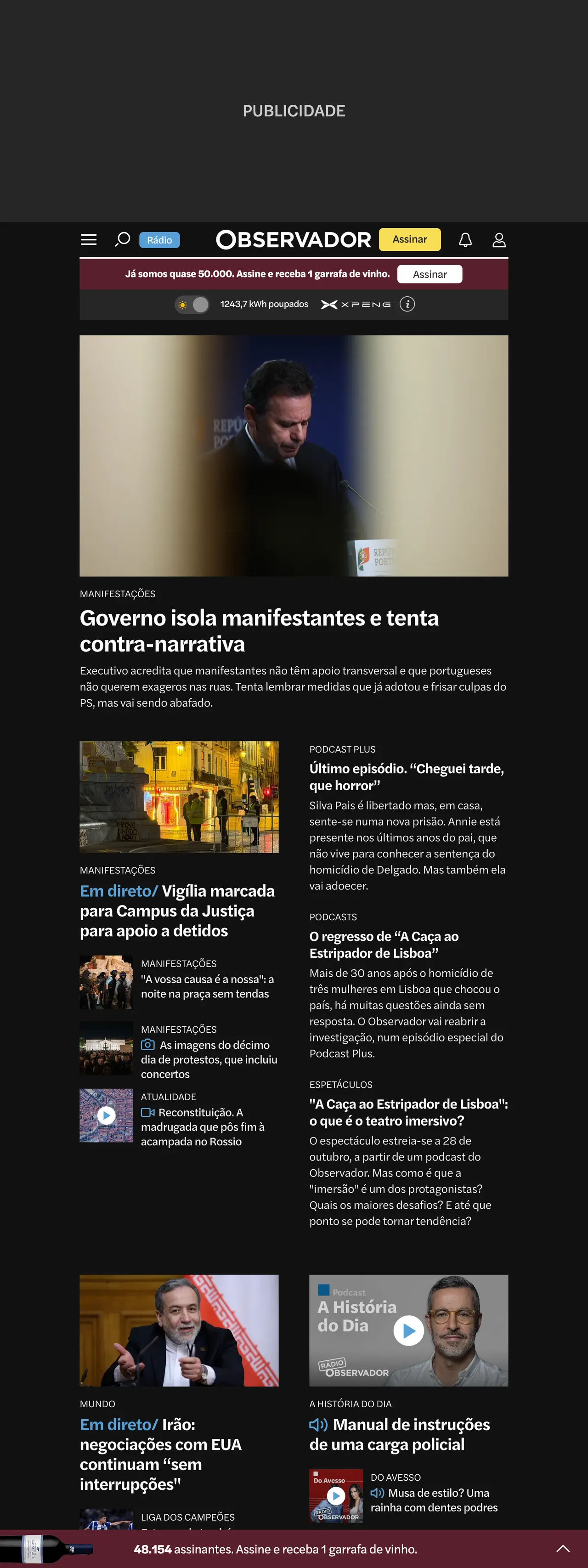 Screenshot of the Observador front page