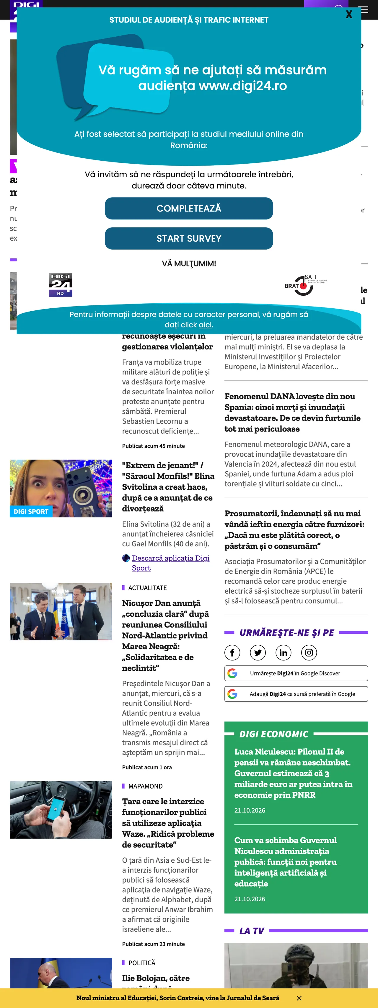 Screenshot of the Digi24 front page