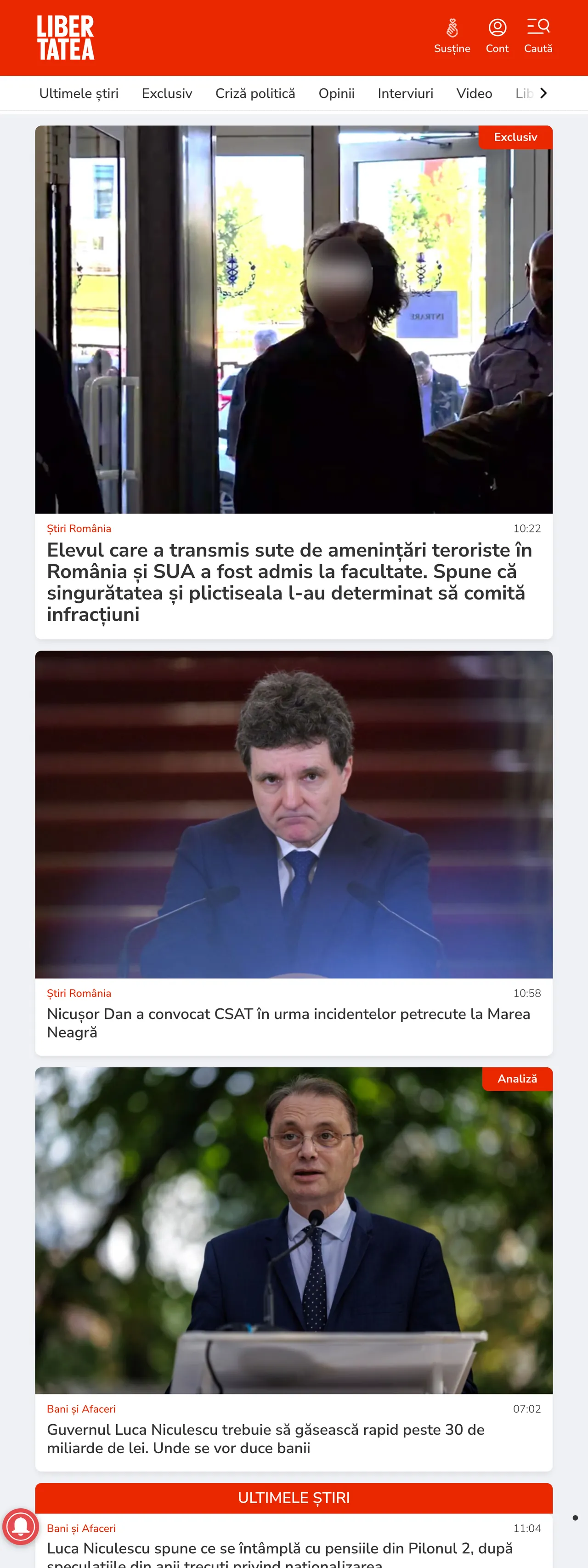 Screenshot of the Libertatea front page