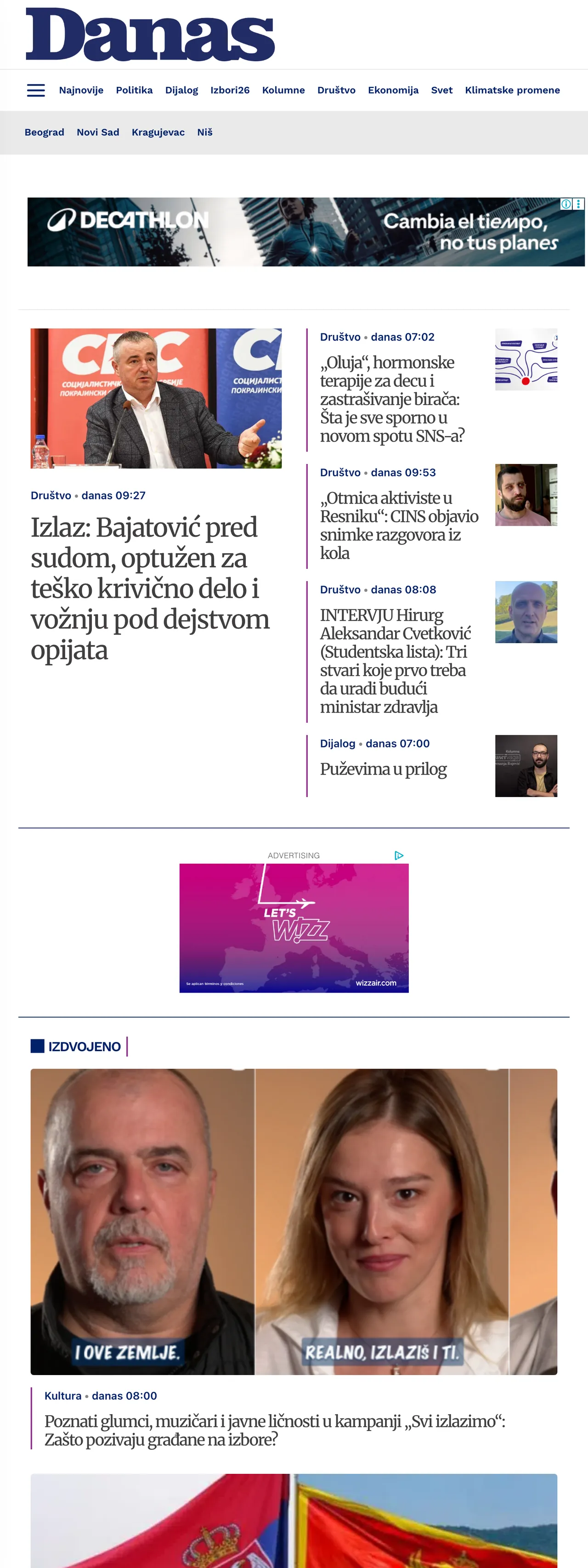Screenshot of the Danas front page