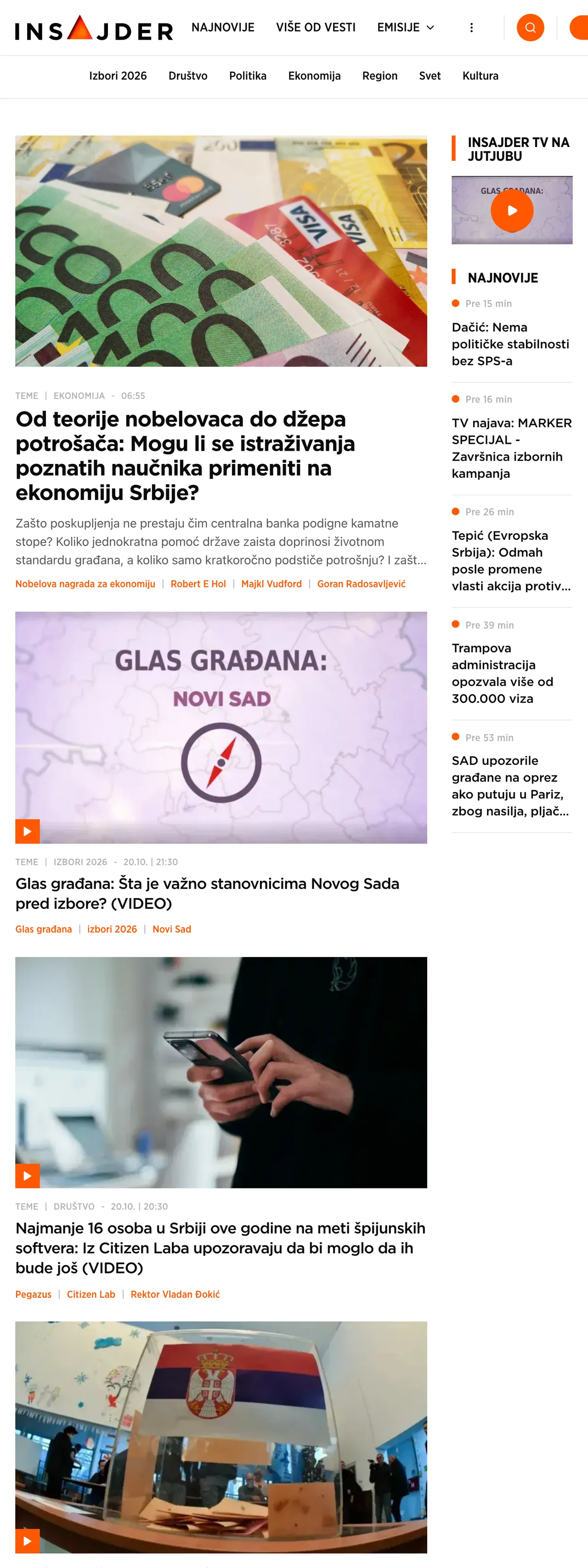Screenshot of the Insajder front page