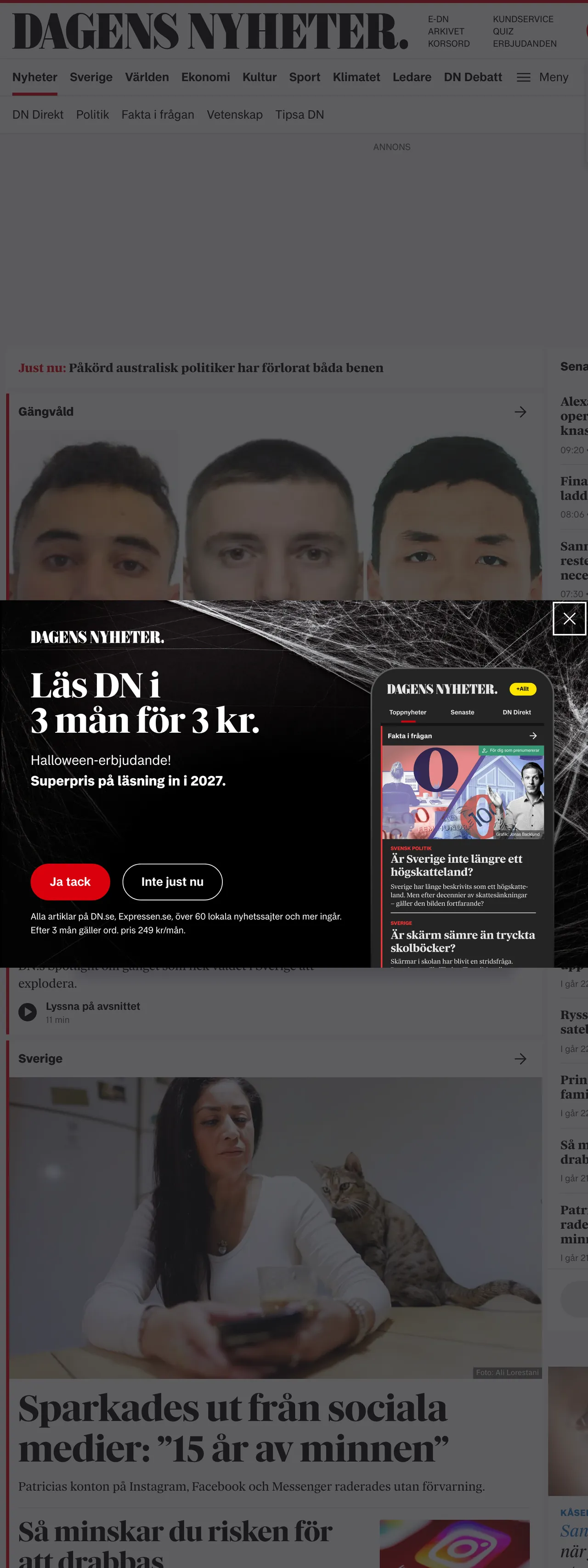 Screenshot of the Dagens Nyheter front page
