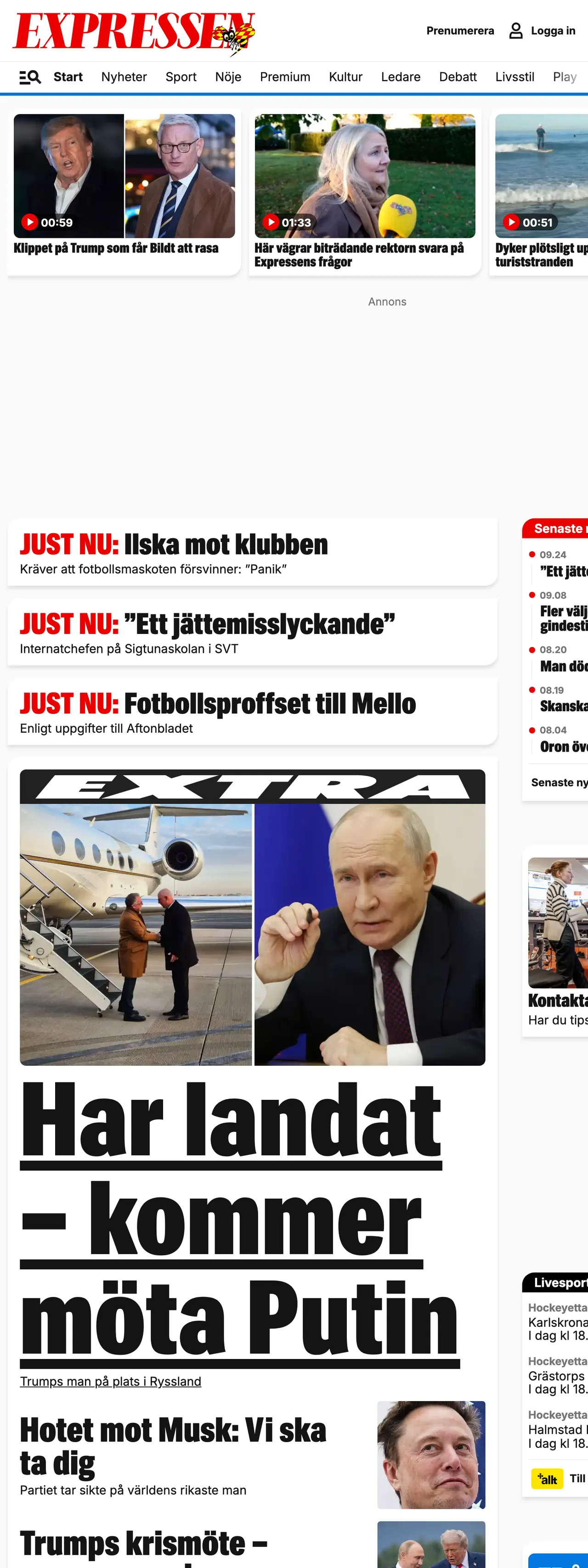 Screenshot of the Expressen front page