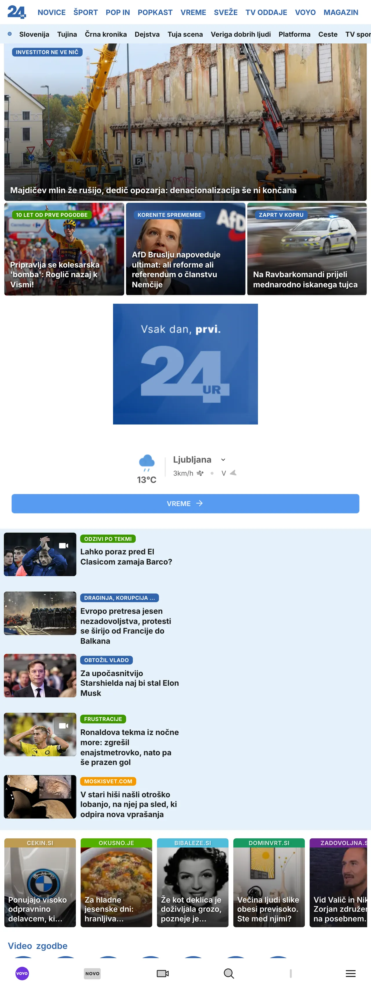 Screenshot of the 24ur front page