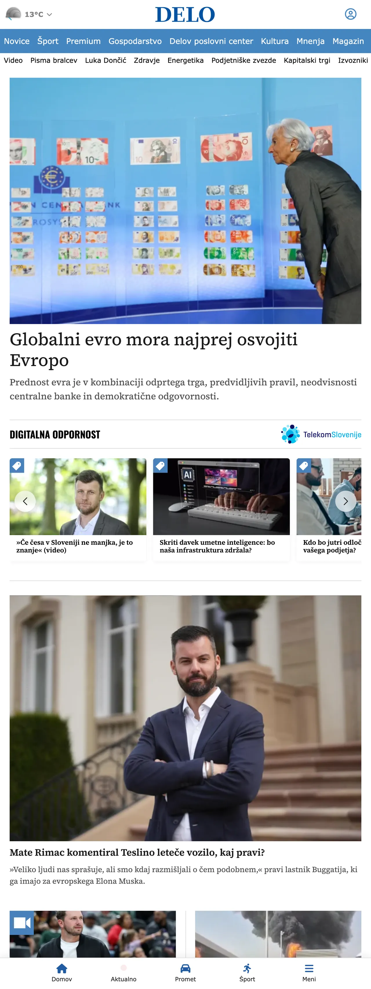Screenshot of the Delo front page